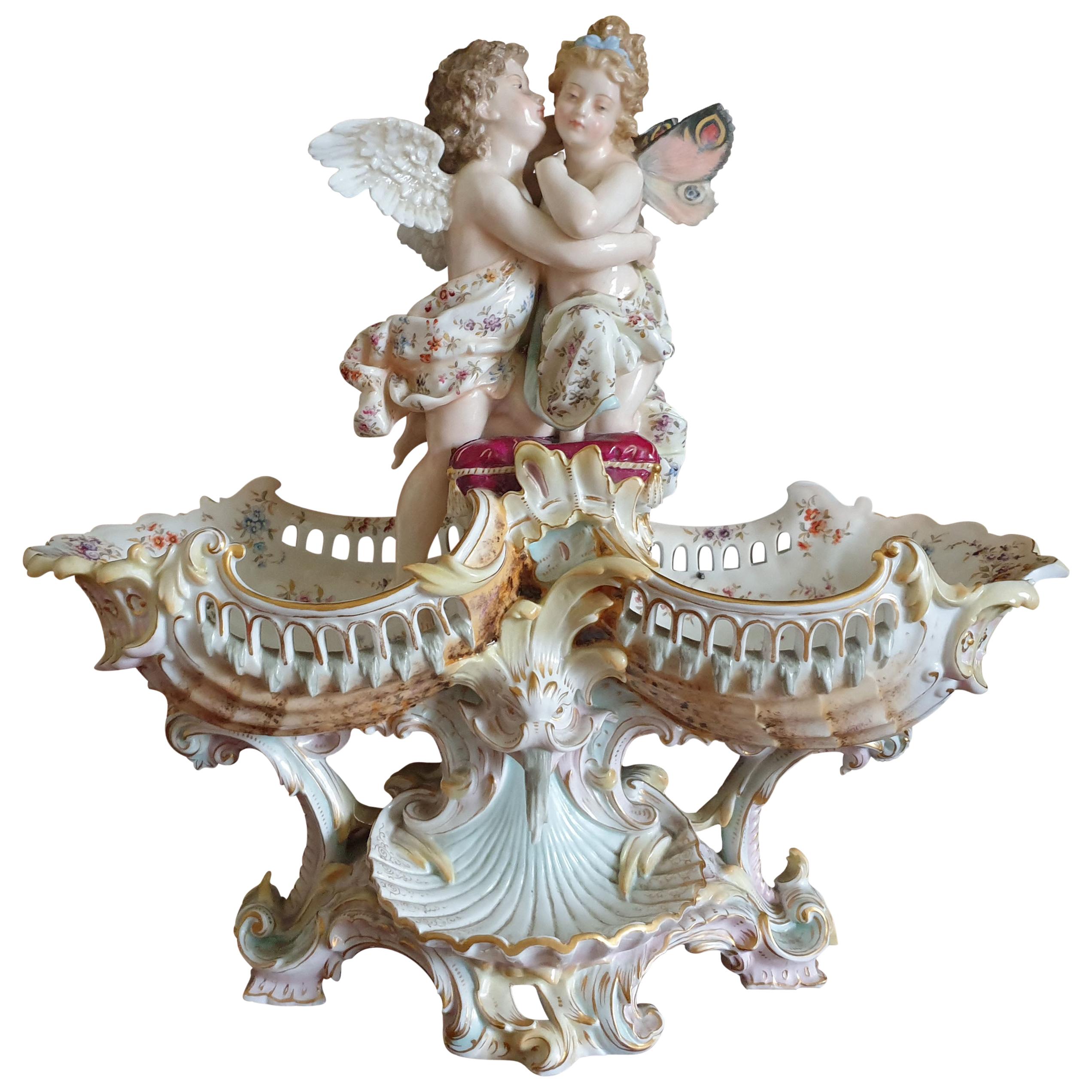 "Angel & Butterflies" Lovers Cherubs Centerpiece In The Manner Of Meissen  For Sale