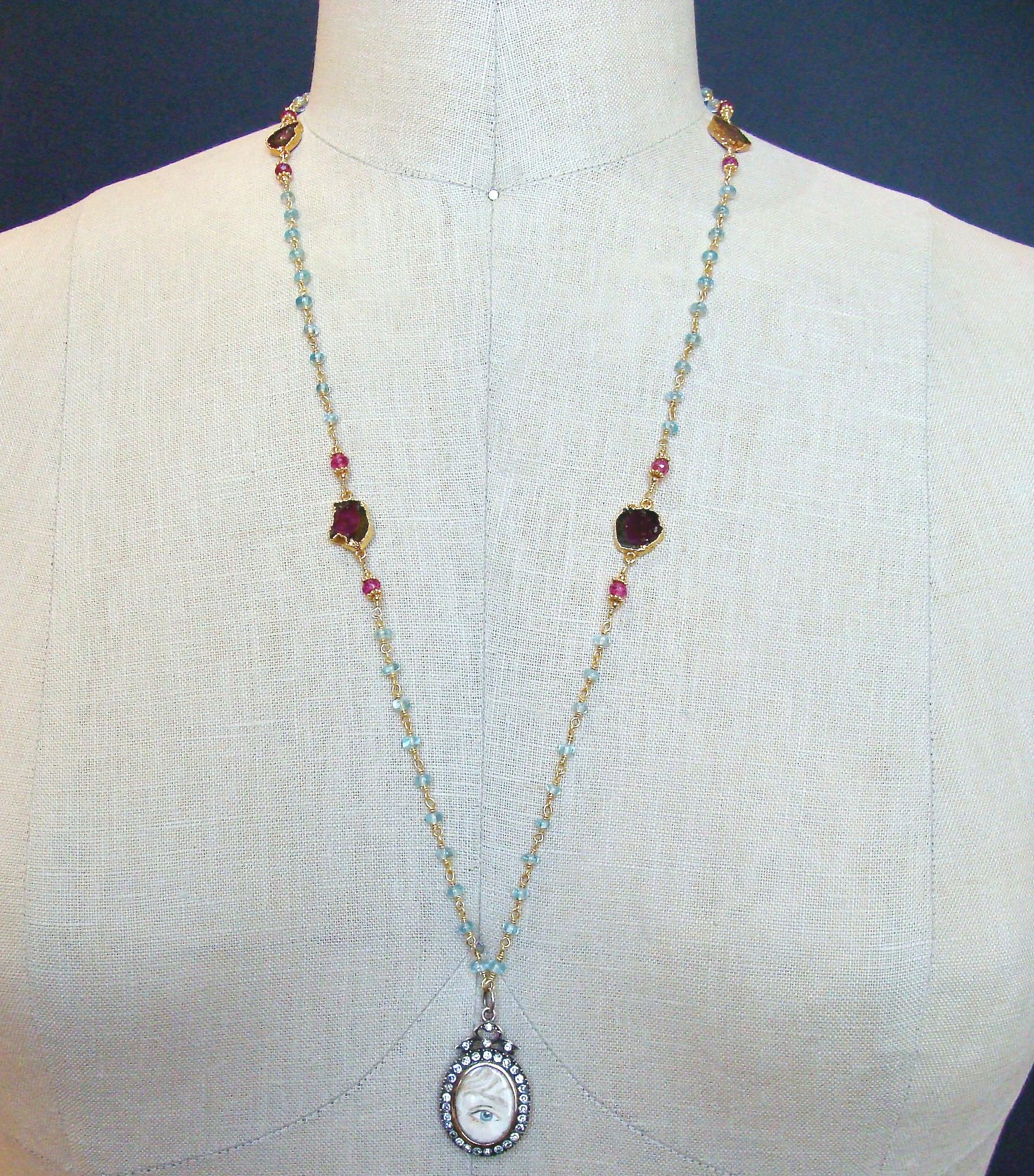 Lovers Eye Blue Topaz and Watermelon Tourmaline Necklace, Isabella II Necklace In Good Condition In Colleyville, TX