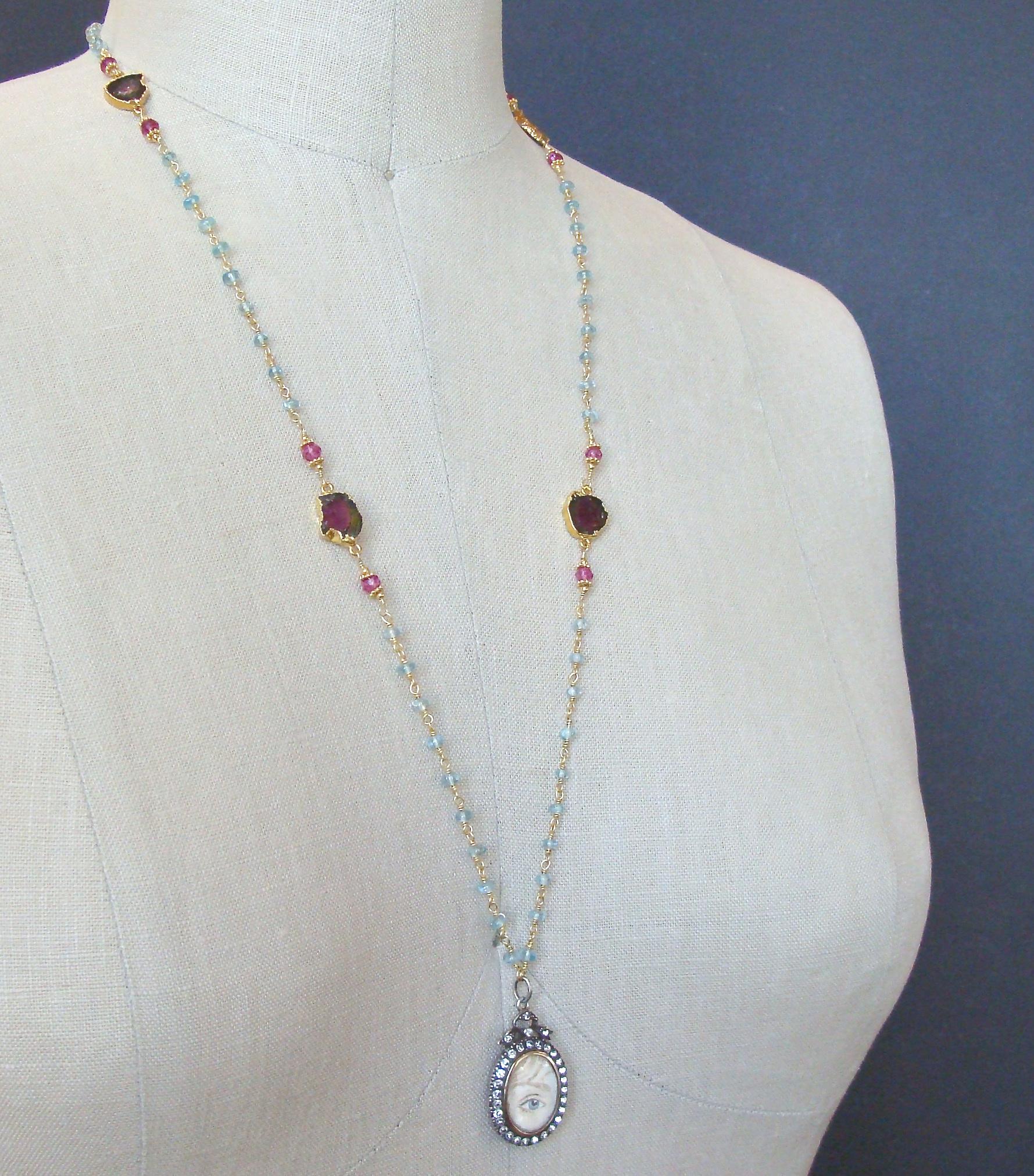 Women's Lovers Eye Blue Topaz and Watermelon Tourmaline Necklace, Isabella II Necklace