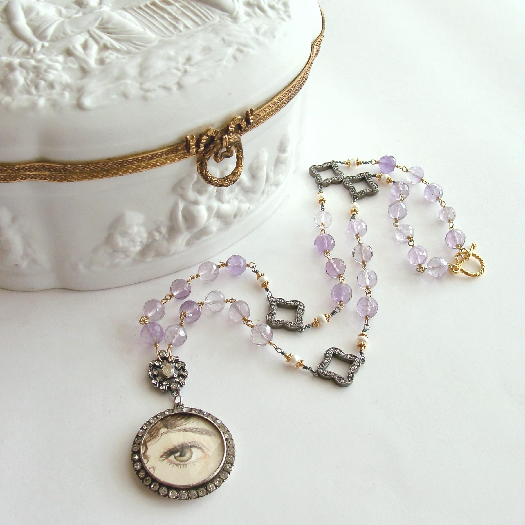 Bead Lover’s Eye Pink Amethyst Button Pearls Silver Paste Quatrefoils Necklace