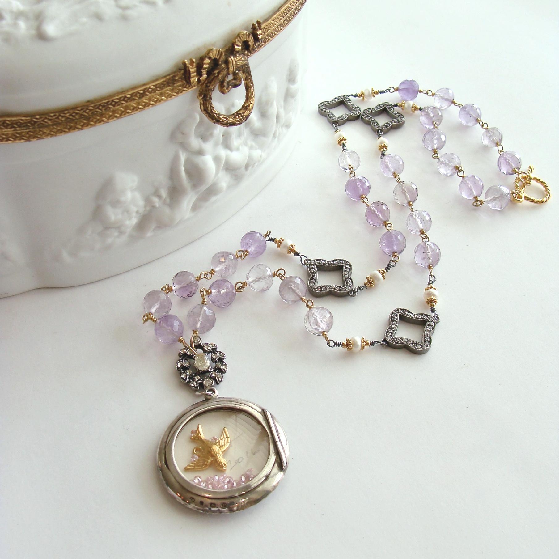 Lover’s Eye Pink Amethyst Button Pearls Silver Paste Quatrefoils Necklace In Good Condition In Colleyville, TX