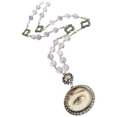 Lover’s Eye Pink Amethyst Button Pearls Silver Paste Quatrefoils Necklace