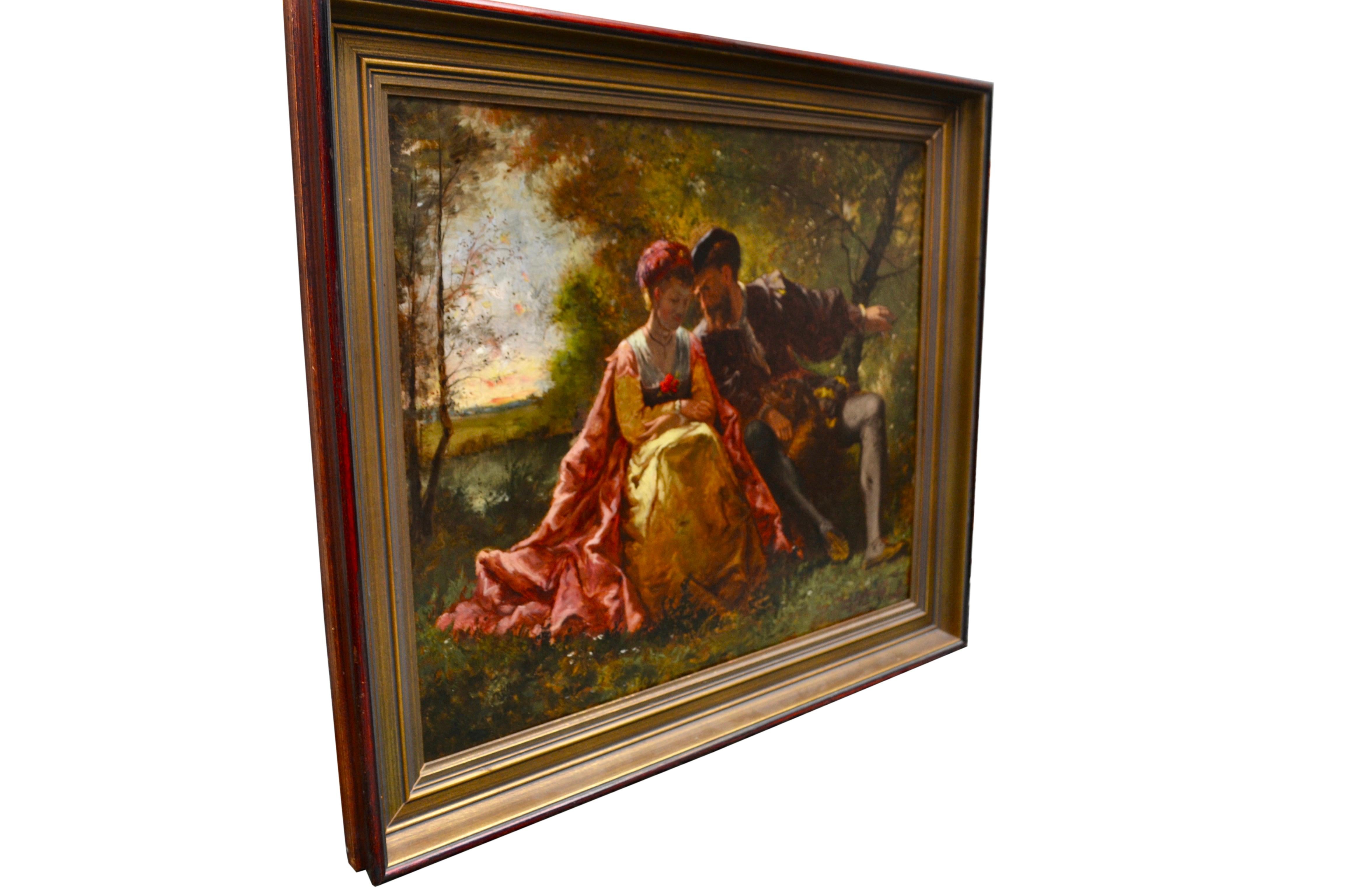 A Classic romantic movement oil painting on wood panel depicting two lovers. They are dressed in Renaissance almost theatrical garments and they sit intimately close to one another on a bench. The atmospheric background is set in the middle of a