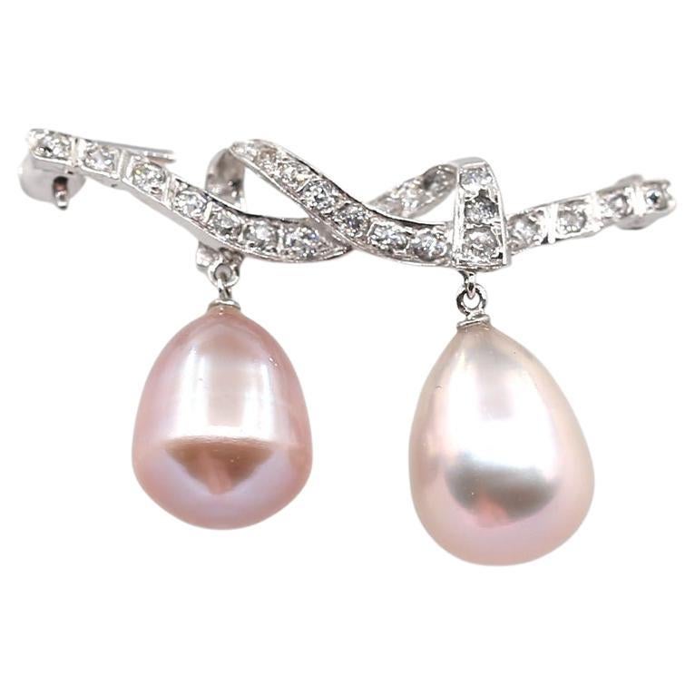 Lovers Knot Pink Pearls Diamonds Brooch 18K White Gold, 1930