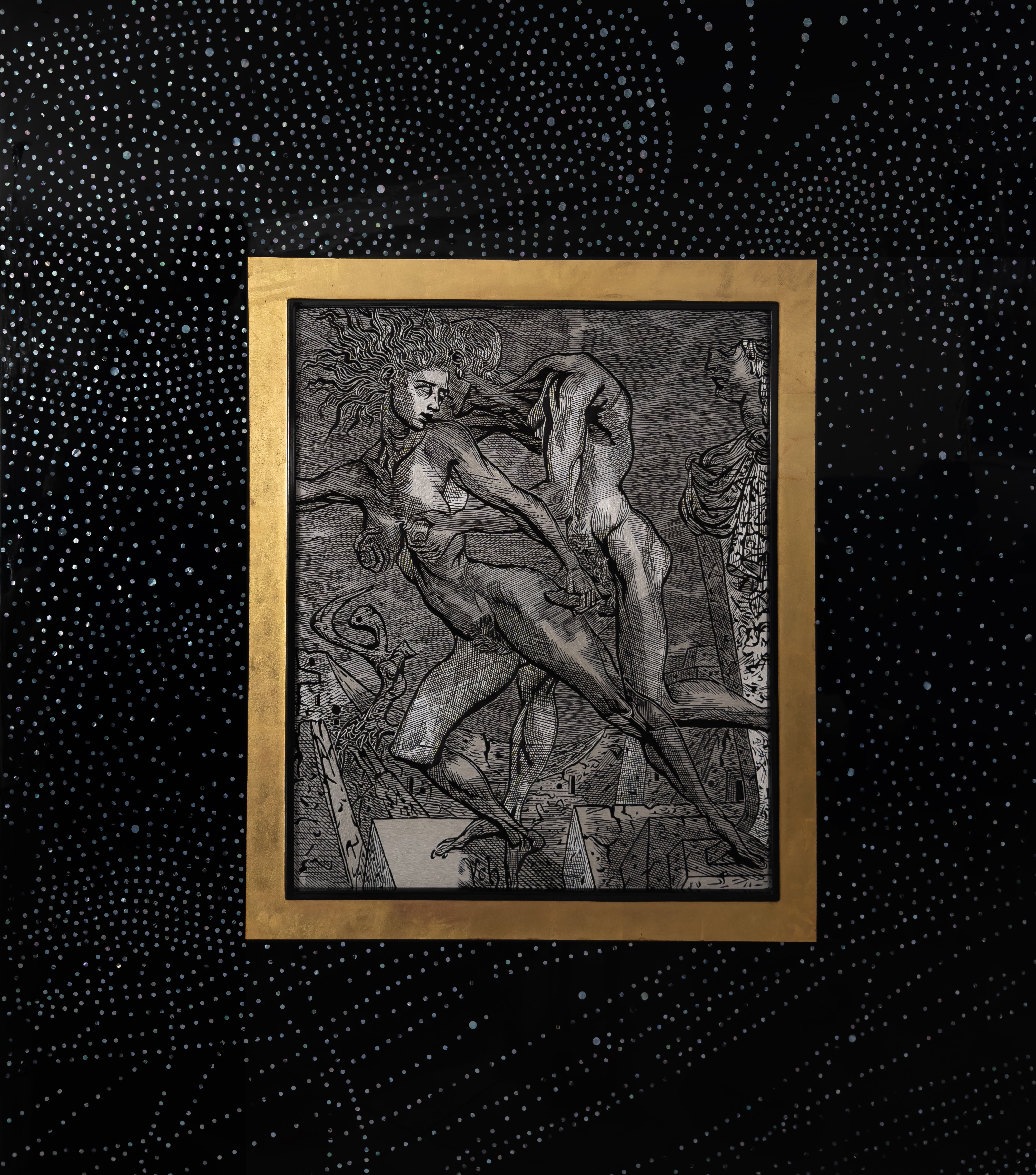 "Lovers" OOAK Couture Silk & Silver Tapestry in 24K Gold & Lacquer Pearl Frame