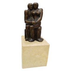 "Lovers" Patina Bronz Sculpture on Marble Base, 1970s