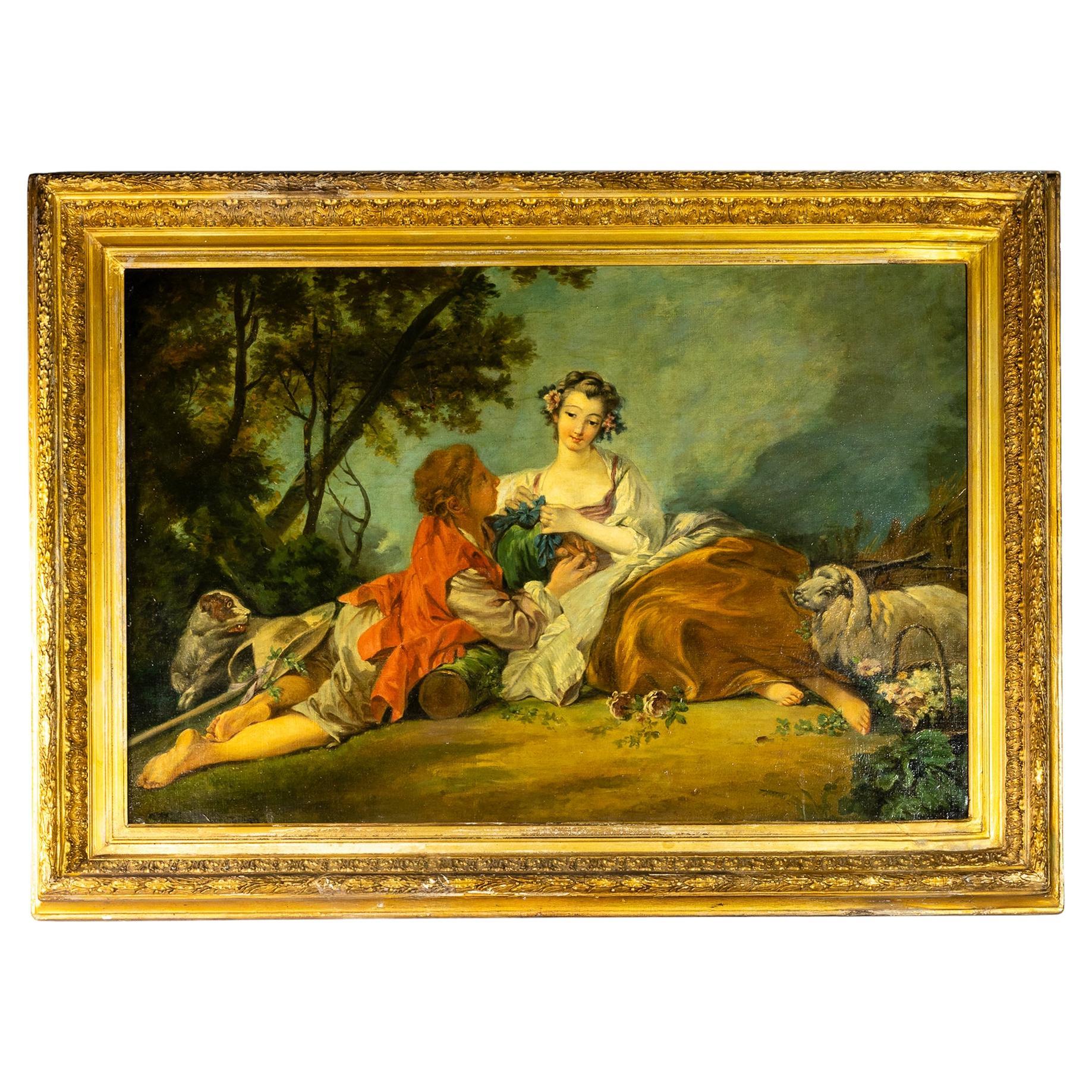 Lovers Rococo Oil Painting After Boucher, 19th Century, Ornate 
Gilt Frame