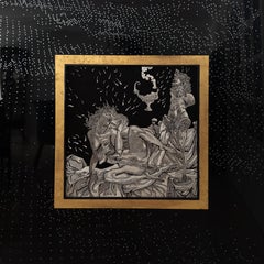 "Lovers Under Night Cover" OOAK Silk & Silver Tapestry, 24K Gold & Pearl Frame