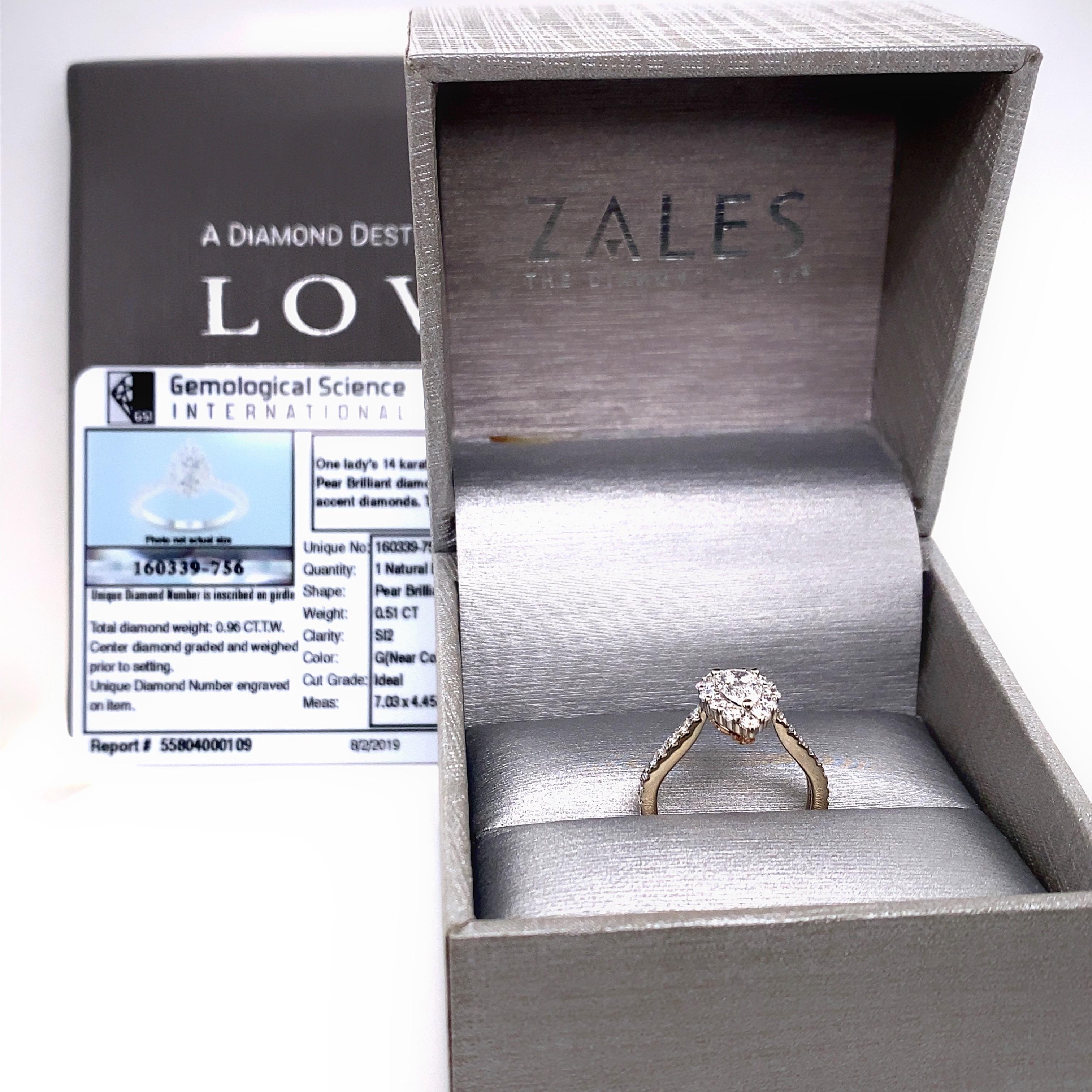 Love's Destiny by Zales Frame Pear Shape Diamond Engagement Ring
Style:  Halo
Ref. number:  Sku# 33254349
Metal:  14kt White Gold with a Rose Gold Buttercup Gallery
Size:  4.25
Measurements:  2 MM Band
TCW:  0.96 tcw
Main Diamond:  Pear Shape