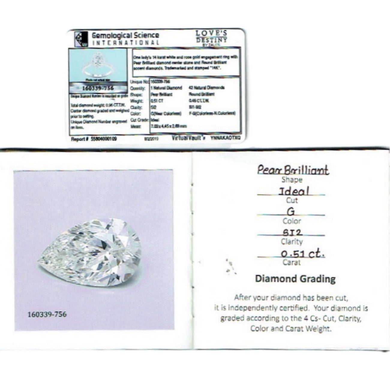 Bague de fiançailles à cadre de 14 carats avec diamant en forme de poire 1 carat Love's Destiny de Zale's en vente 3