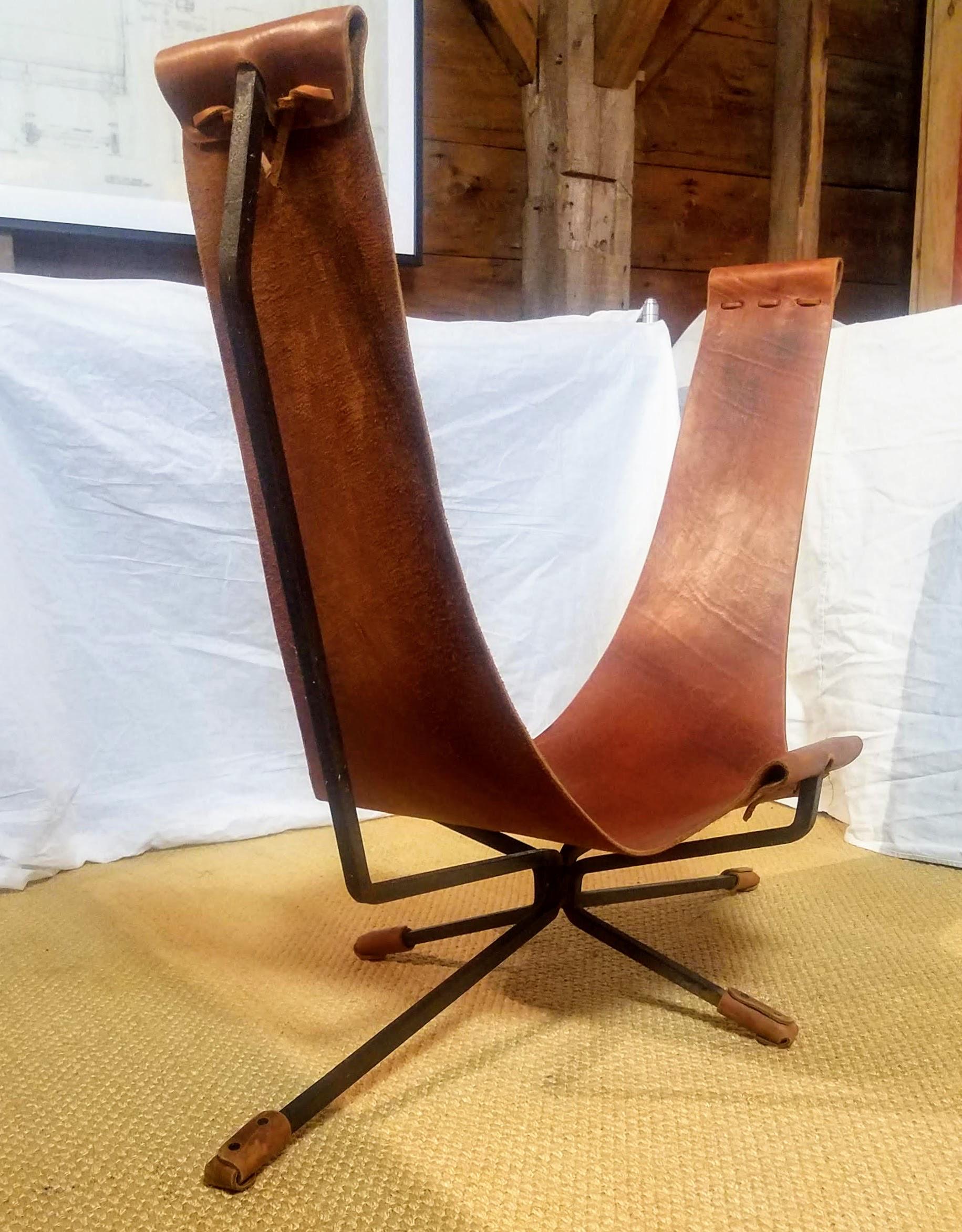A Loveseat by Daniel Wenger created in 1972 with a replaced sling. This is an early example of this iconic Californian chair.
The background on this chair was described to me by Daniel Wenger:
