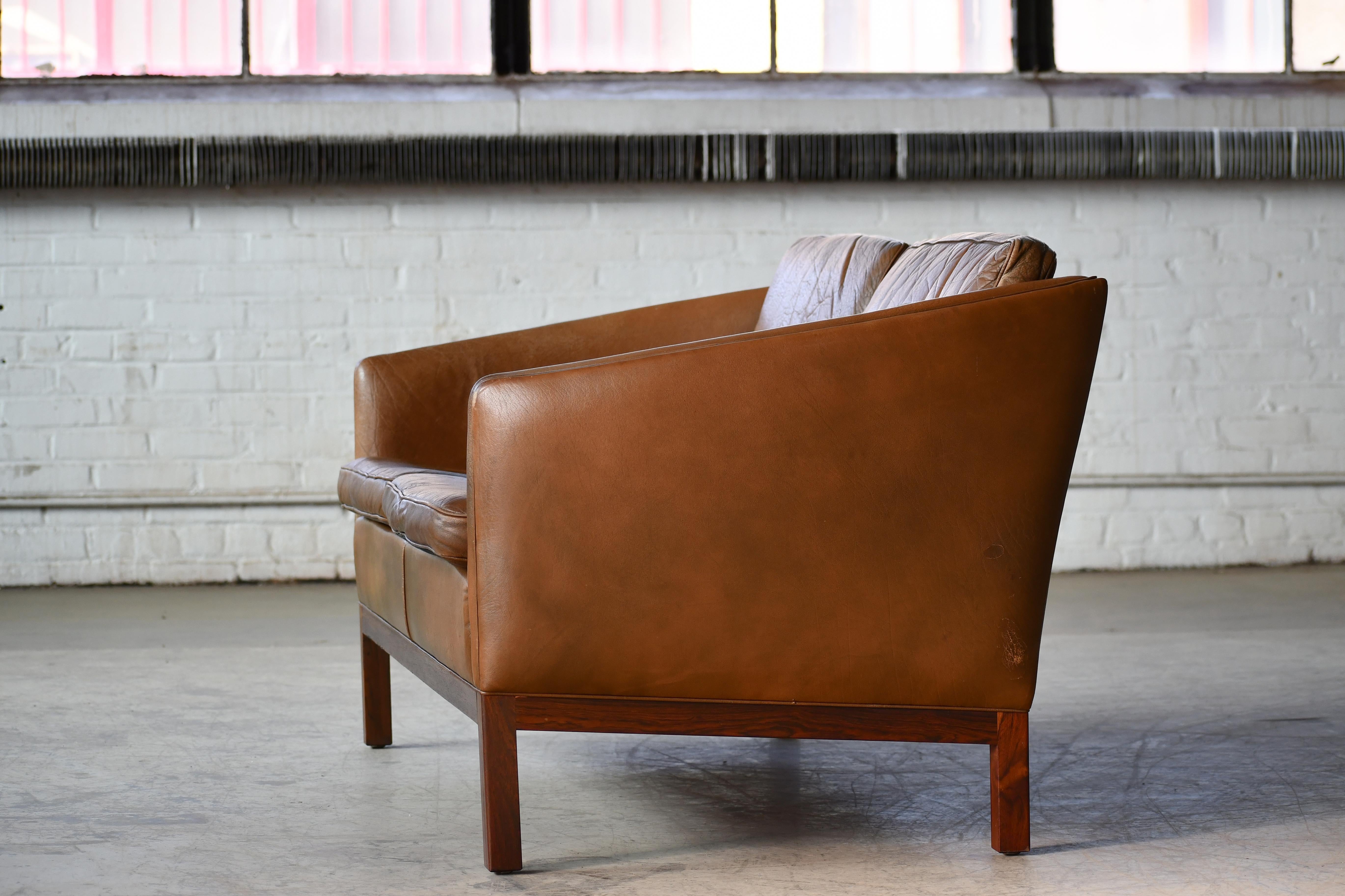Loveseat by Illum Wikkelso in Cognac Leather and Rosewood Denmark 1960's For Sale 1