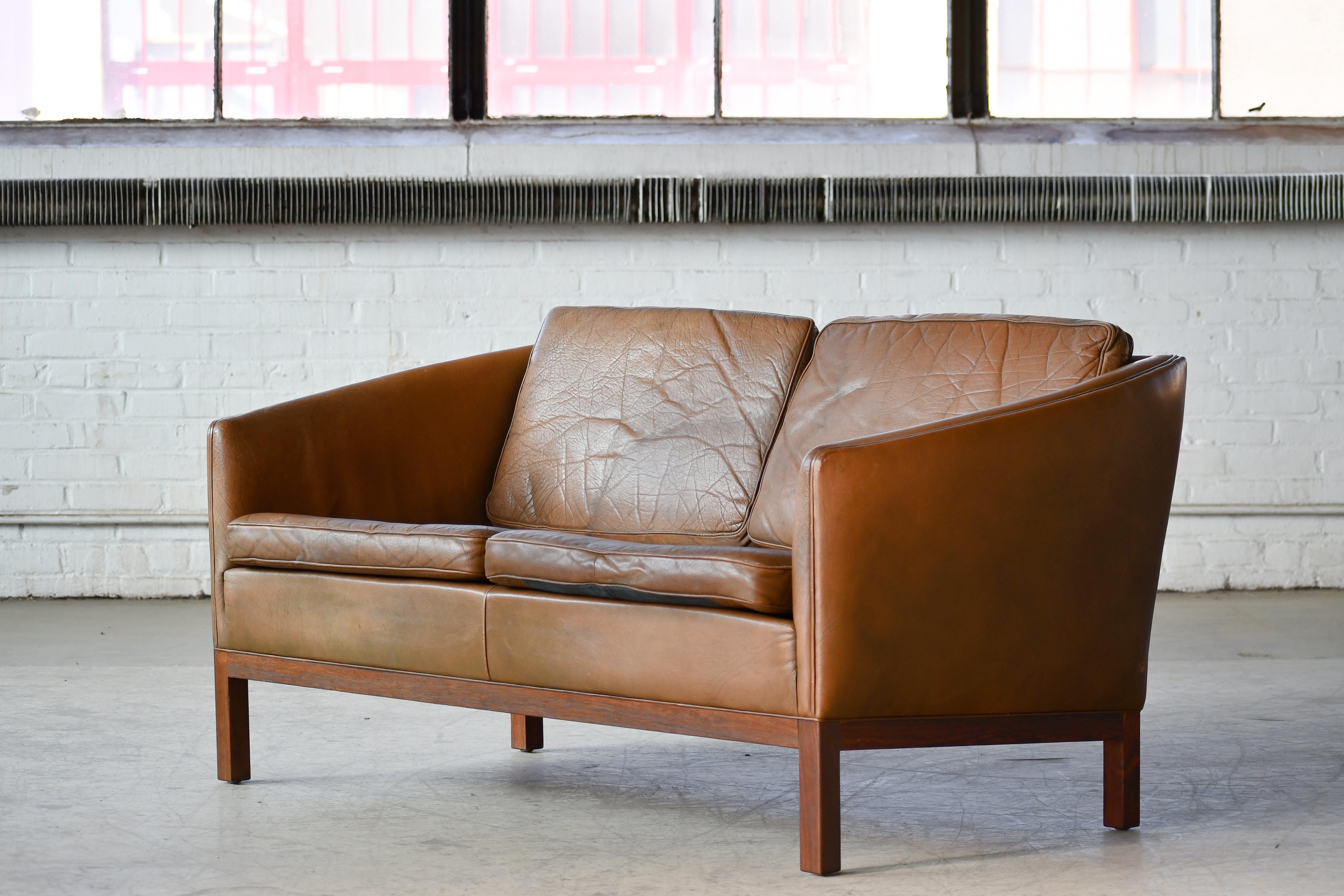 Loveseat by Illum Wikkelso in Cognac Leather and Rosewood Denmark 1960's For Sale 3