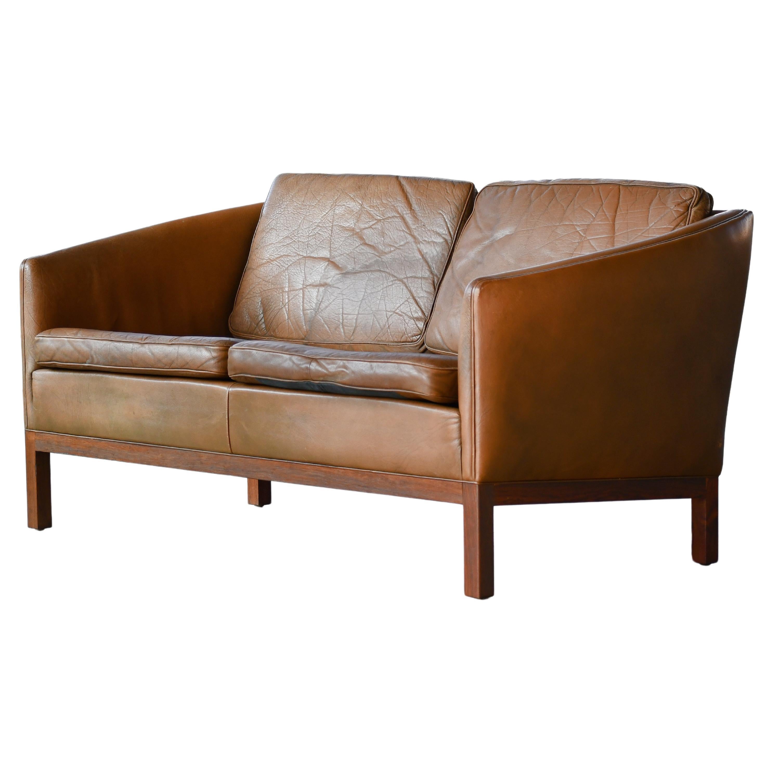 Loveseat by Illum Wikkelso in Cognac Leather and Rosewood Denmark 1960's For Sale