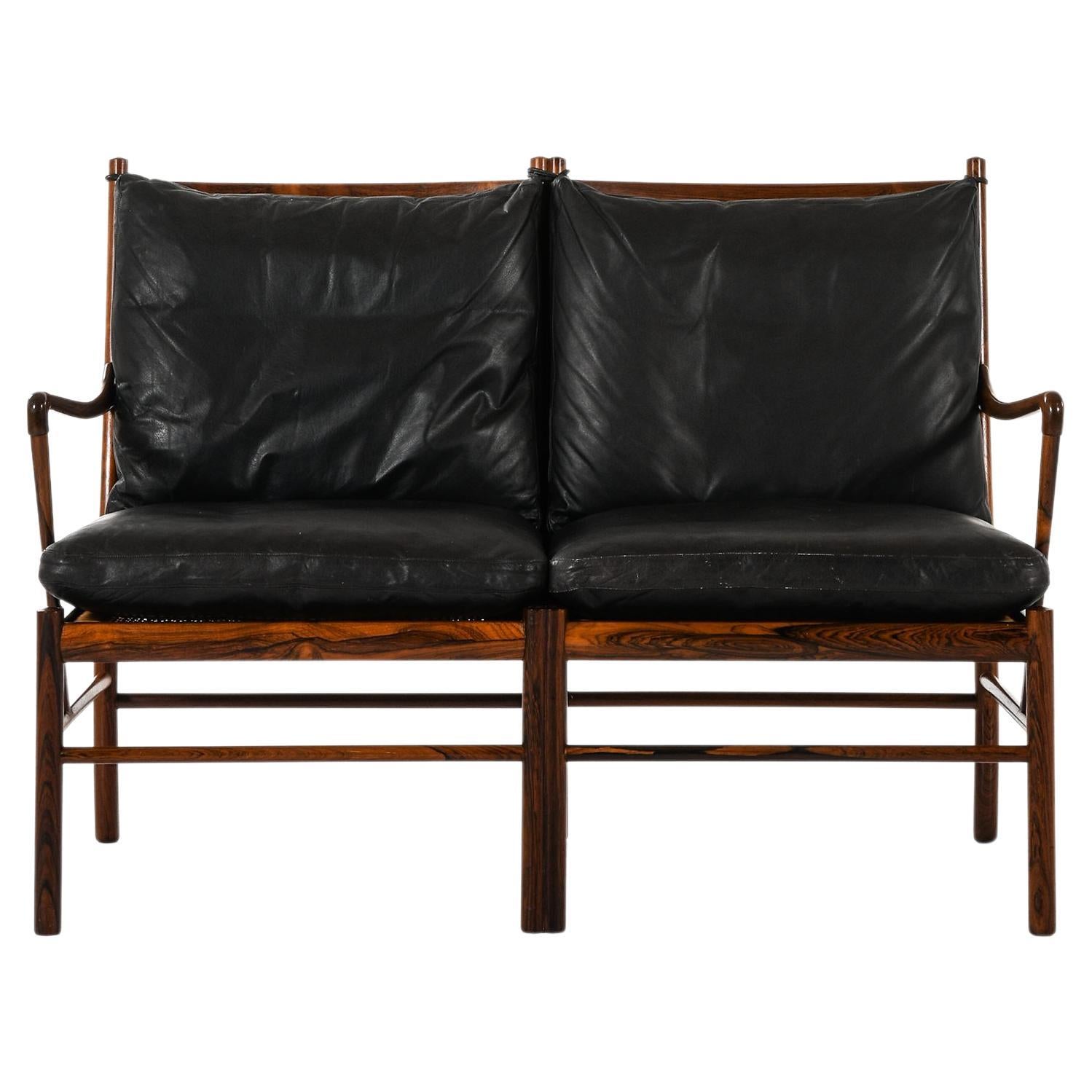 Loveseat Sofa in Rosewood, Woven Cane & Original Leather by Ole Wanscher, 1960's For Sale