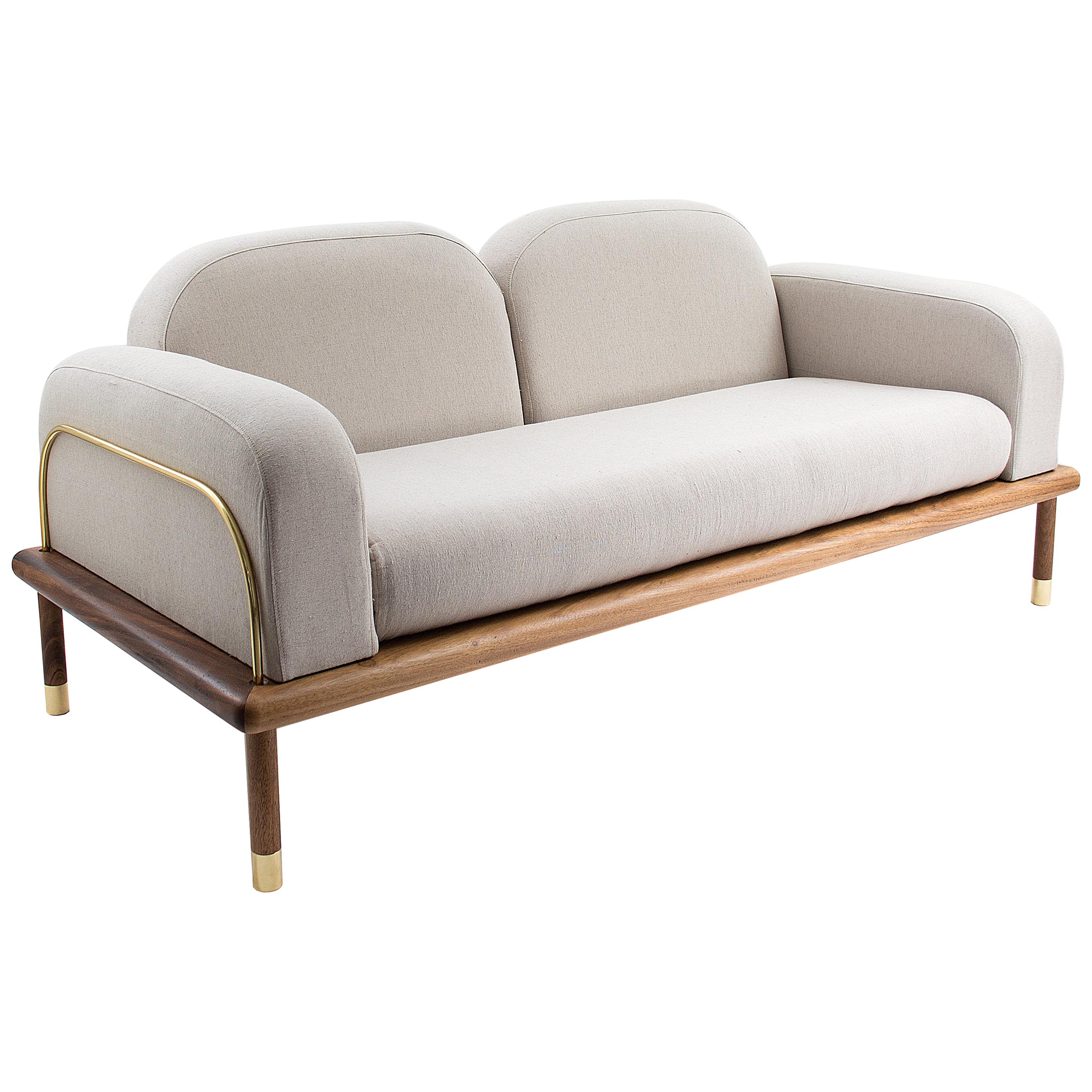 Loveseat Sofa, with Solid Wood Base and Details in Metal  For Sale