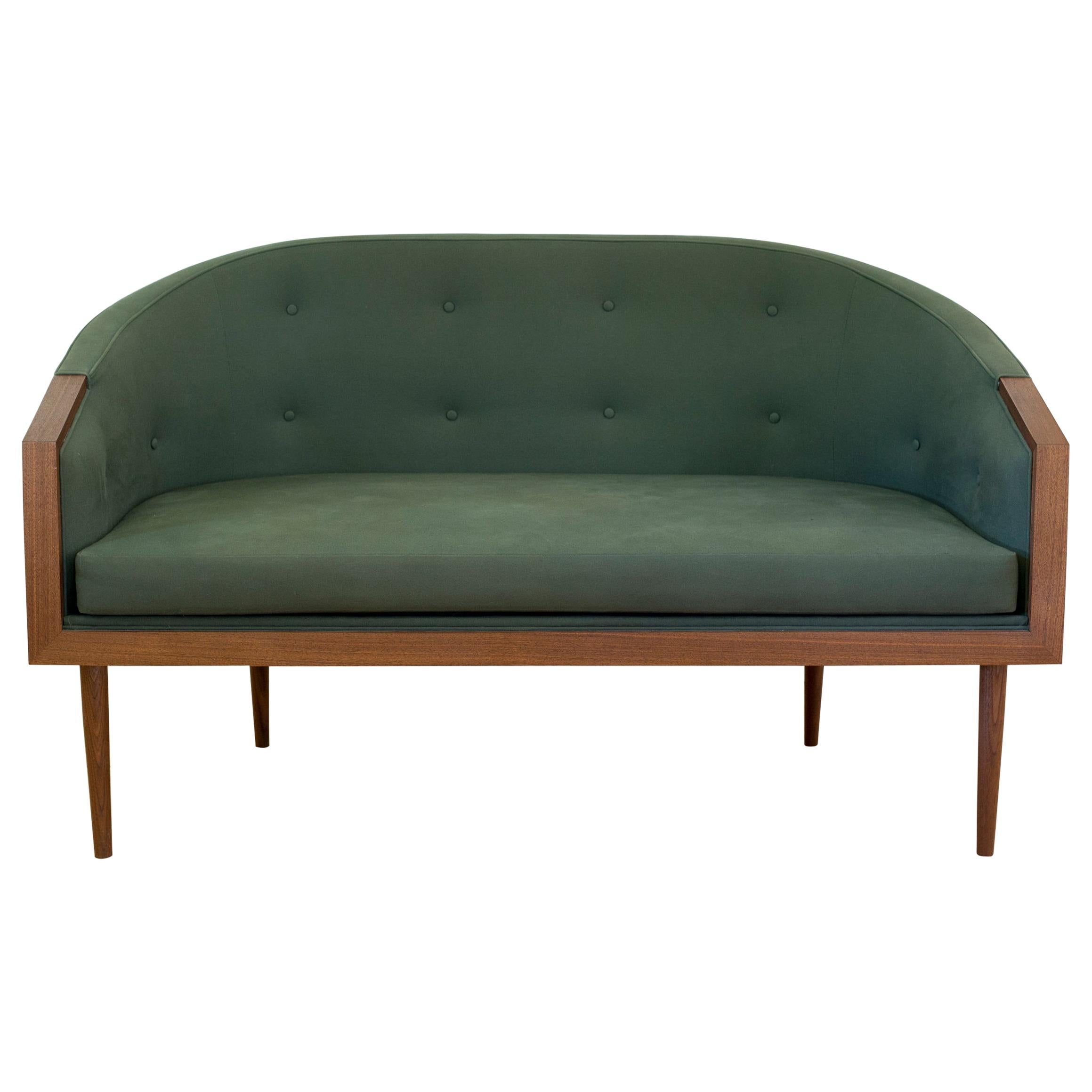 Loveseat with Walnut Banded Barrel Back, Hand-Turned Legs and Tufting