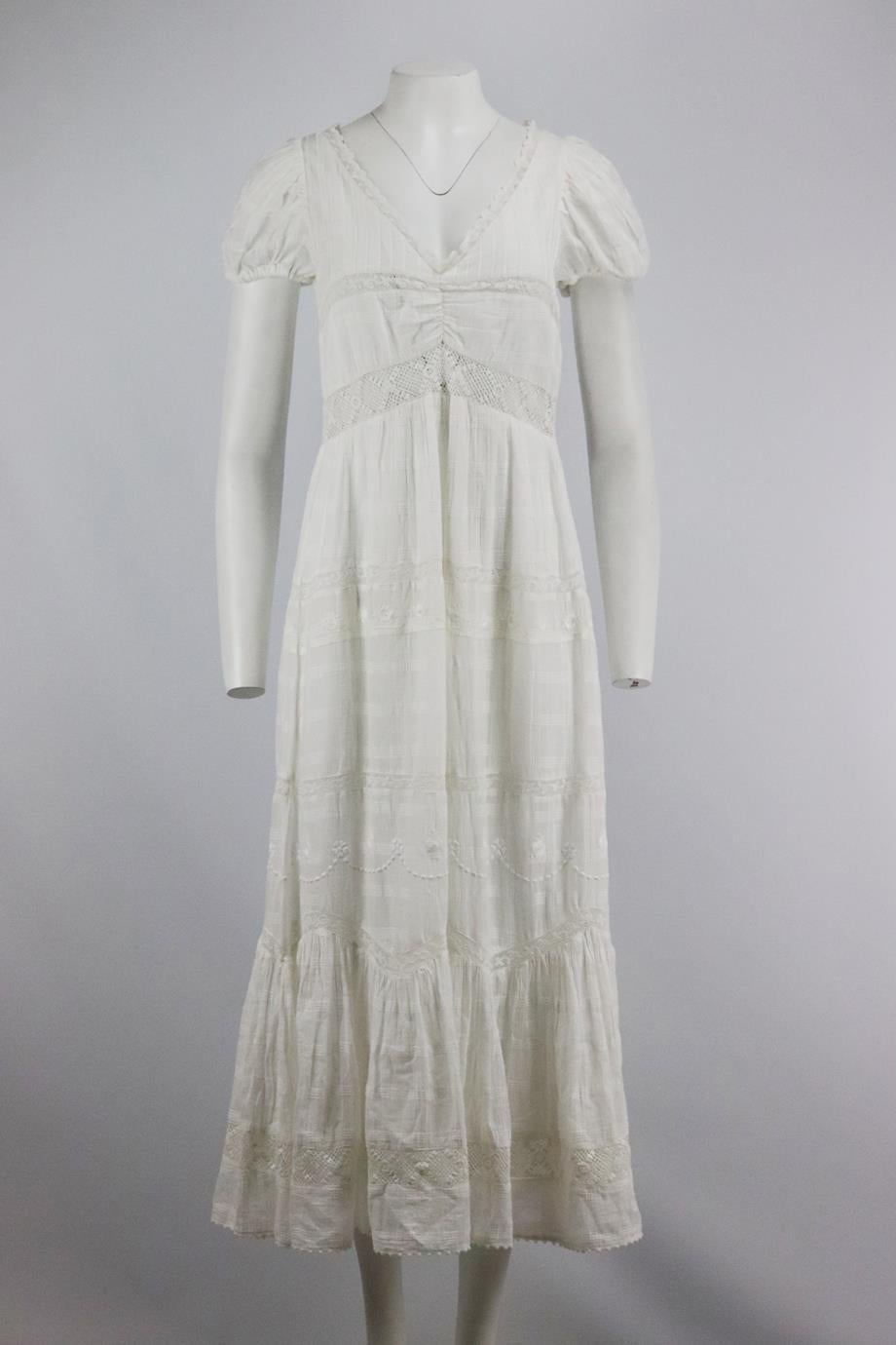 LoveShackFancy broderie anglaise cotton voile maxi dress. White. Short sleeve, v-neck. Zip fastening at side. 100% Cotton. Size: US 4 (UK 8, FR 36, IT 40). Bust: 35 in. Waist: 30 in. Hips: 46 in. Length: 52 in. Very good condition - As new