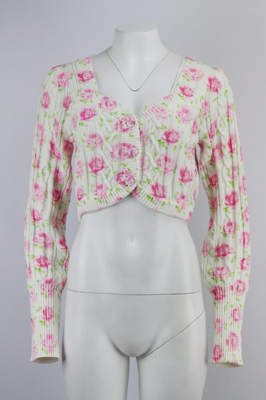 LoveShackFancy cropped floral print cotton cardigan. Pink, cream and green. Long sleeve, v-neck. Button fastening at front. 100% Cotton. Size: Medium (UK 10, US 6, FR 38, IT 42). Bust: 36 in. Waist: 30 in. Length: 16.5 in. Very good condition - As