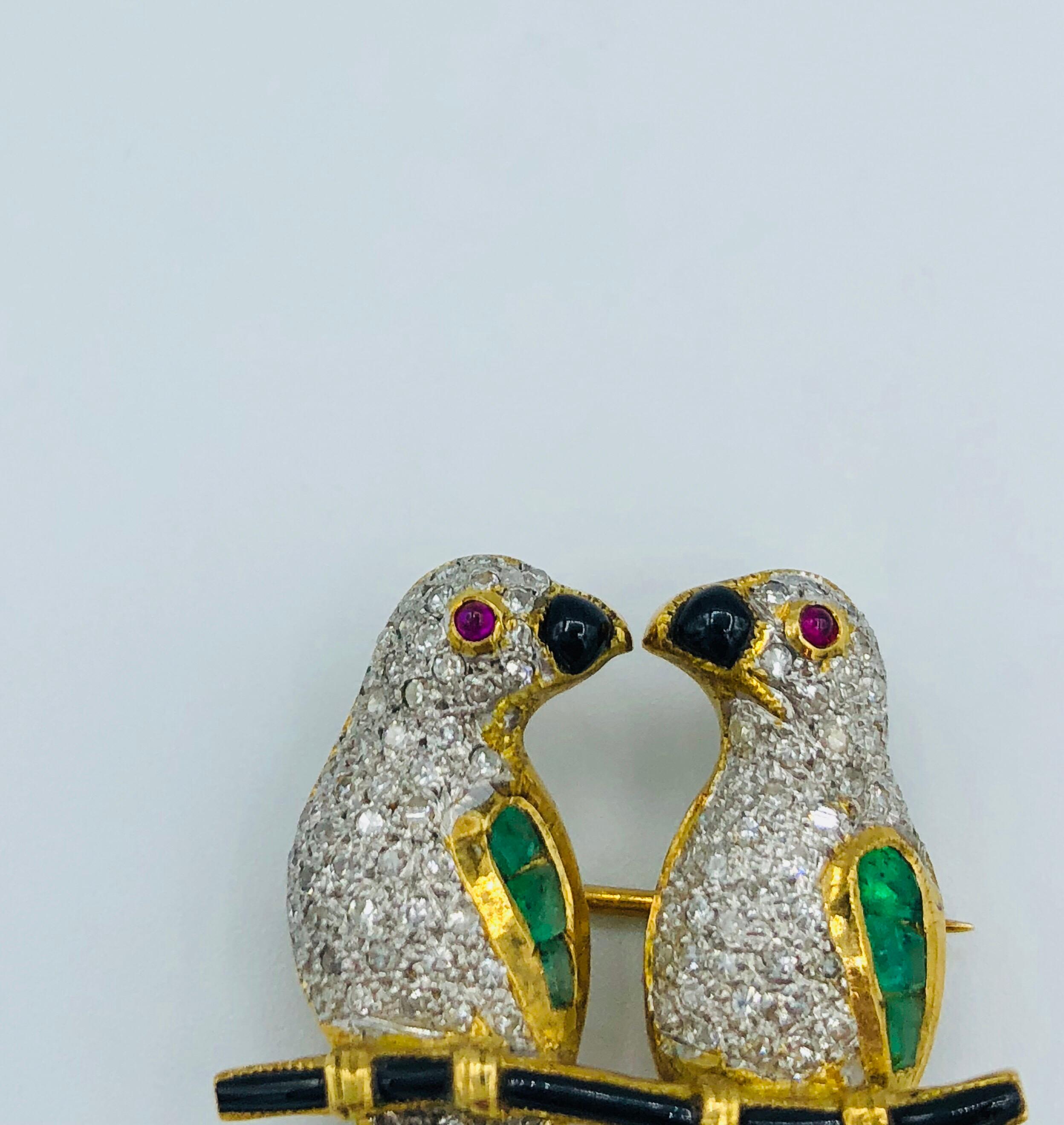 Modern Loving Parrots Diamond Brooch