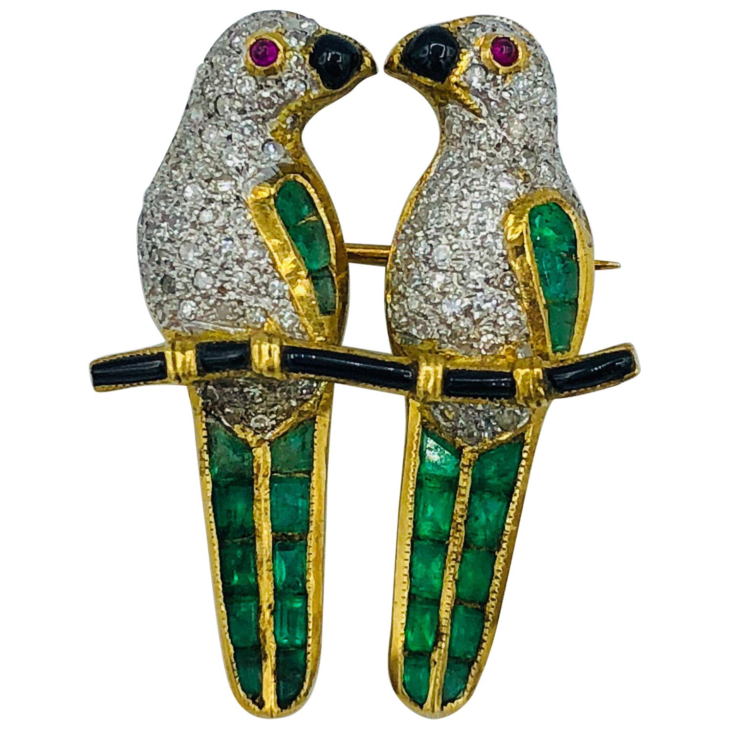 Loving Parrots Diamond Brooch