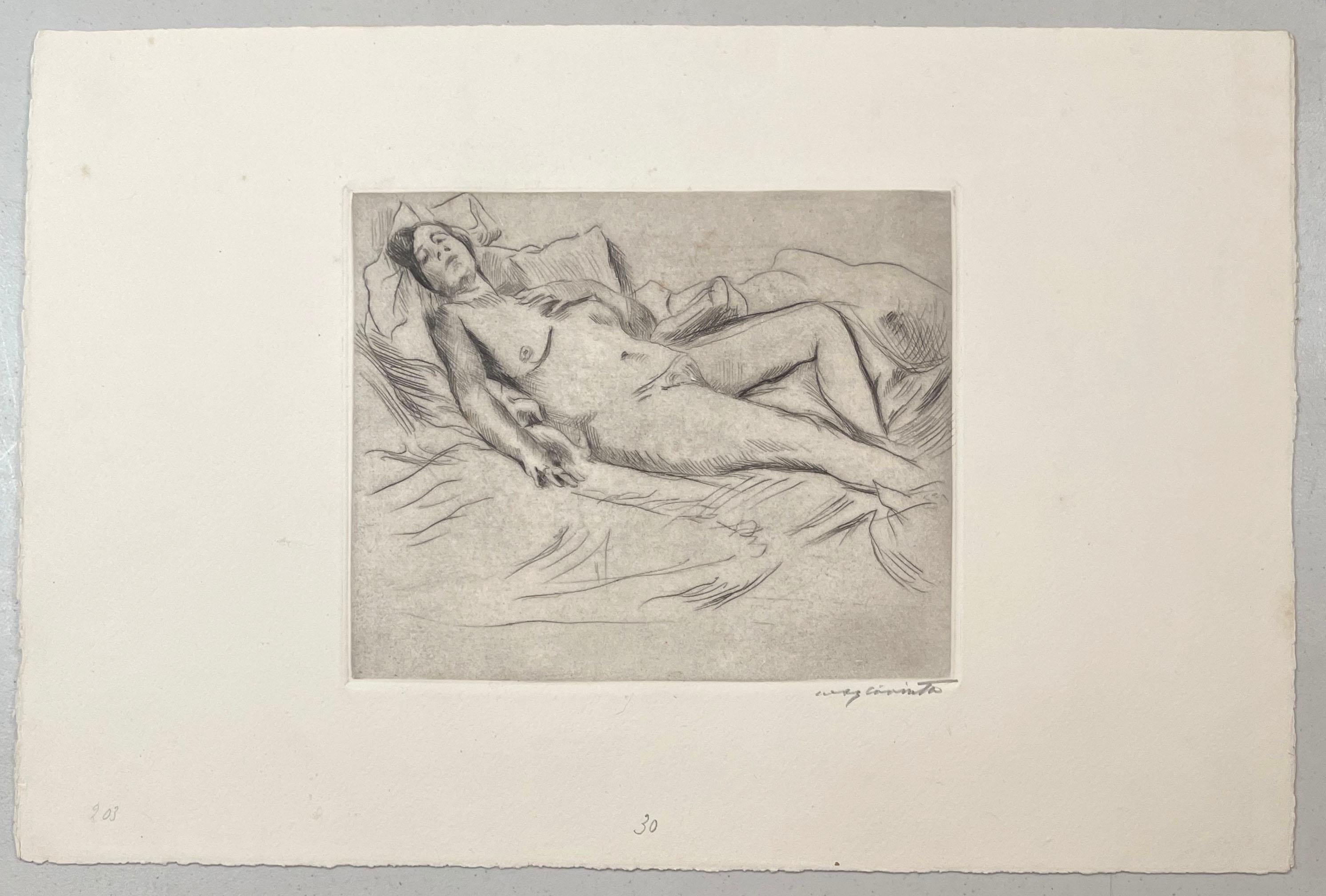 Schlafende (ärmelnde nackte Frau) – Print von Lovis Corinth