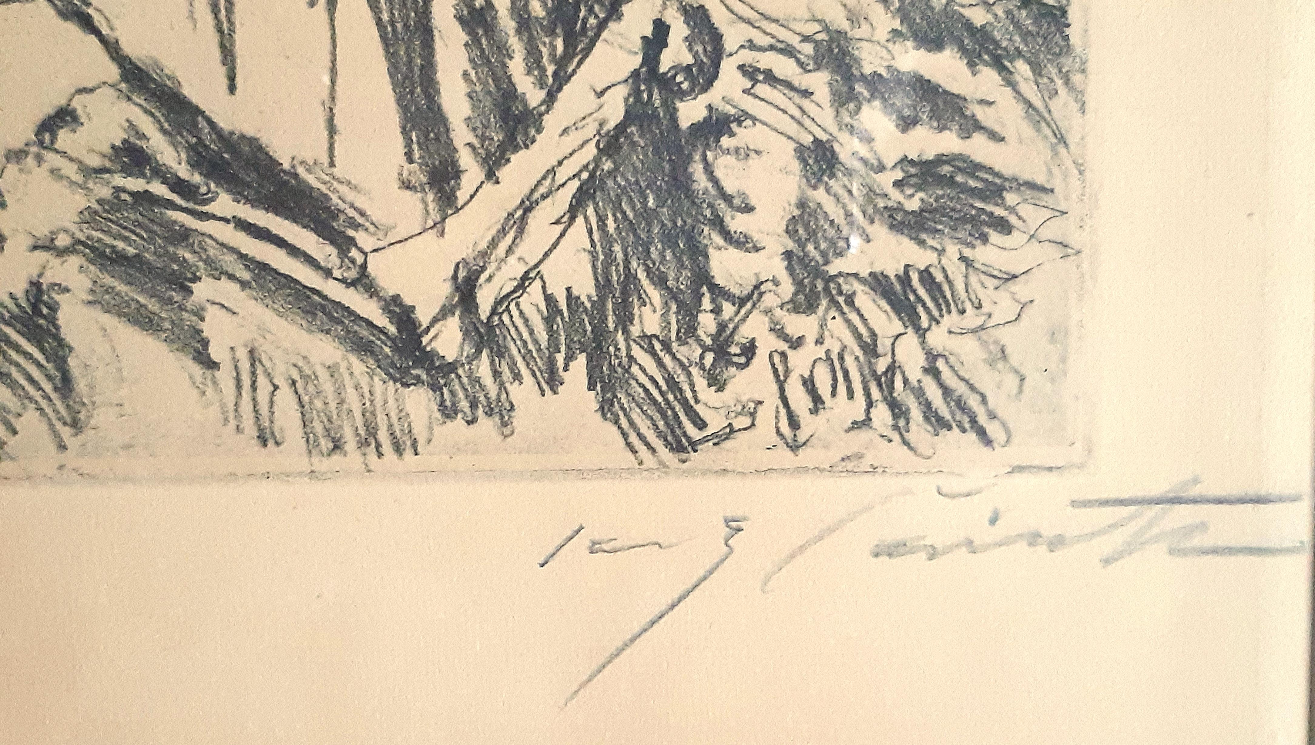 Tod und Jungling est une lithographie originale, réalisée par Lovis Corinth en 1921, signée à la main et numérotée n°33/95.

Inclus un cadre en bois.

En très bonnes conditions.

Ici, les œuvres d'art représentaient un homme avec une forte