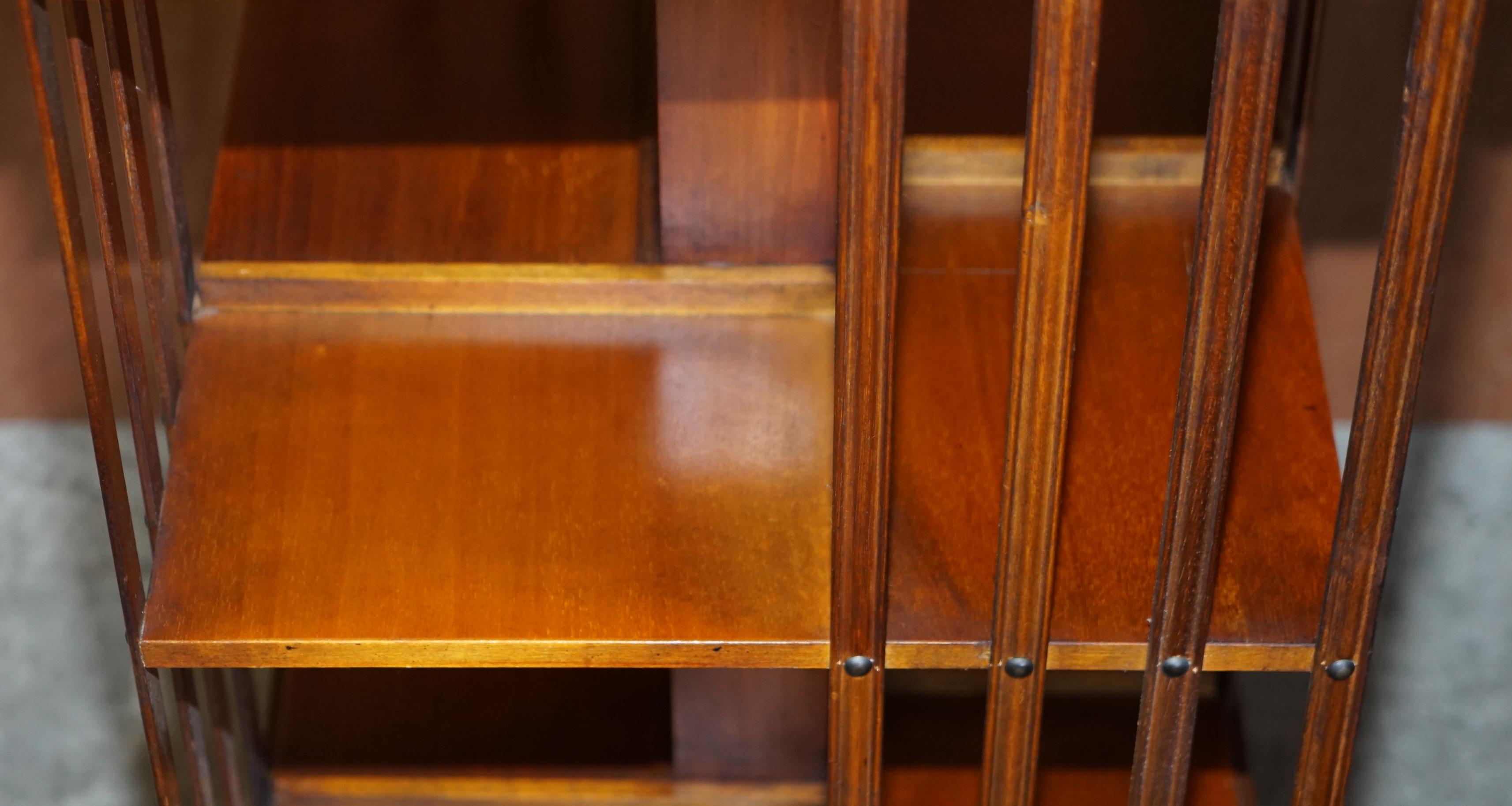 English Lovley Sheraton Revival Burr Elm & Satinwood Revolving Bookcase Side End Table For Sale