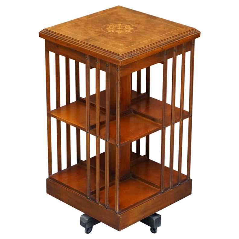 Lovley Sheraton Revival Burr Elm & Satinwood Revolving Bookcase Side End Table