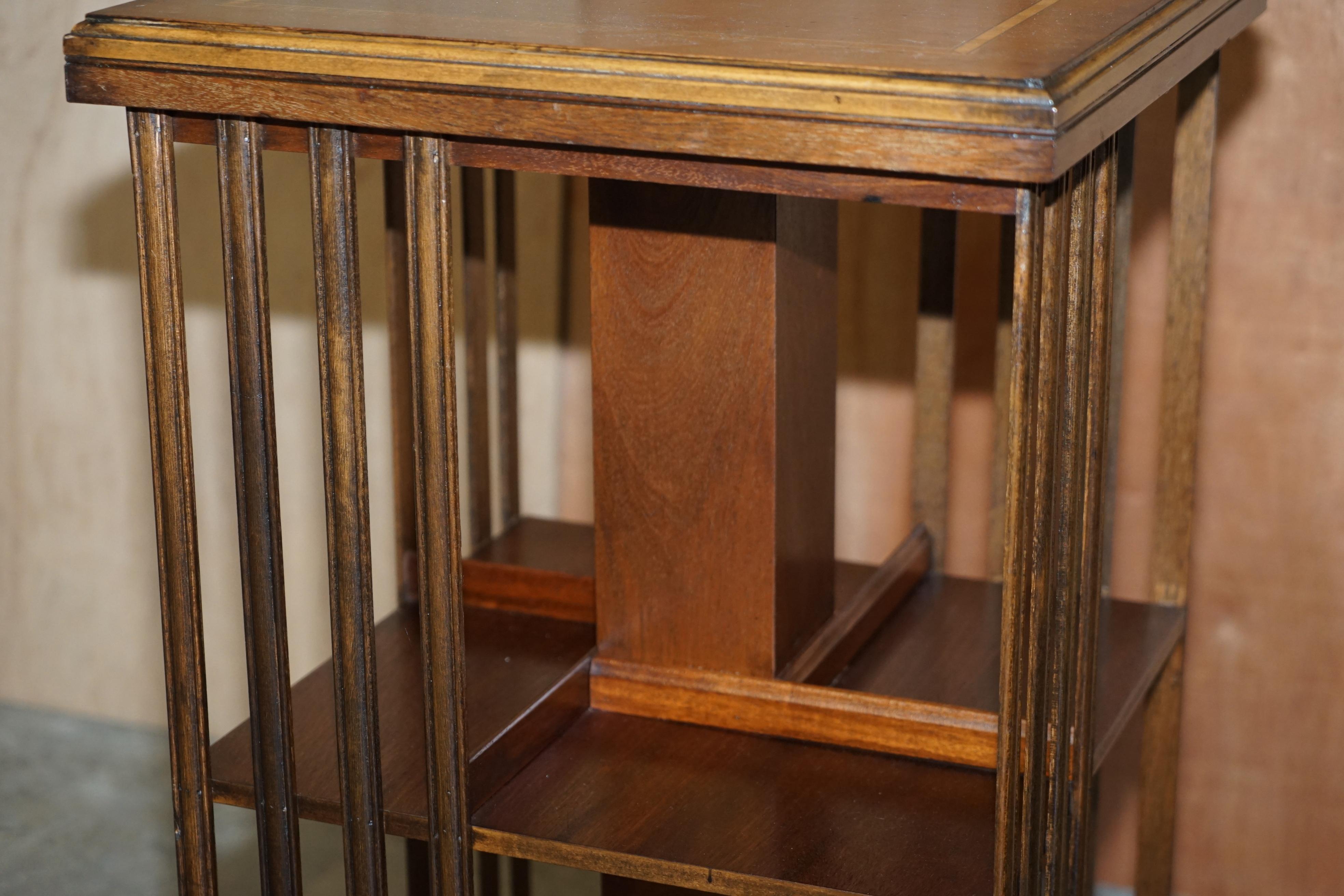 Lovley Sheraton Revival Hardwood & Satinwood Revolving Bookcase Side End Table For Sale 7