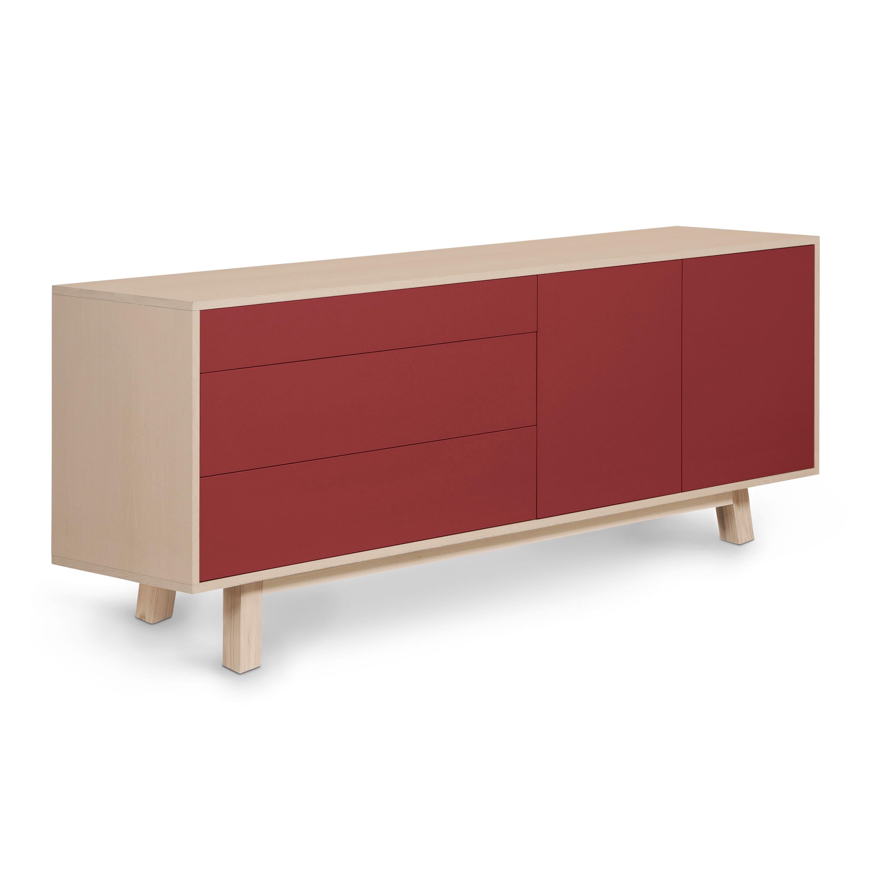 Stained Low 2-door & 3-drawer sideboard, scandinavian design, red + 10 other colours For Sale