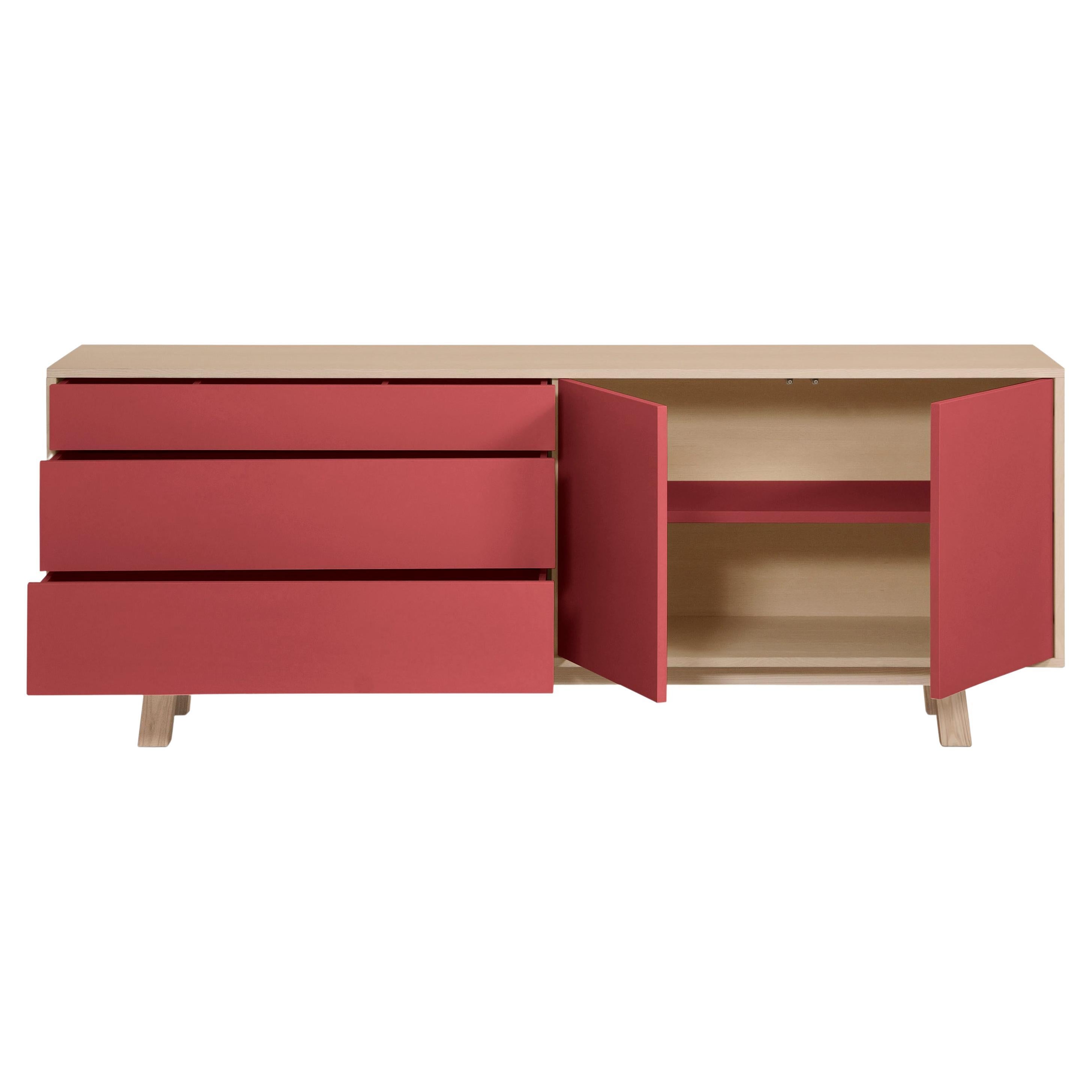 Low 2 Door & 3 Drawer Sideboard in Ash Wood, Red and 10 Other Colors