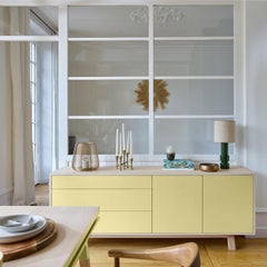 French Light Yellow Wooden Low Sideboard by Designer Eric Gizard, Paris