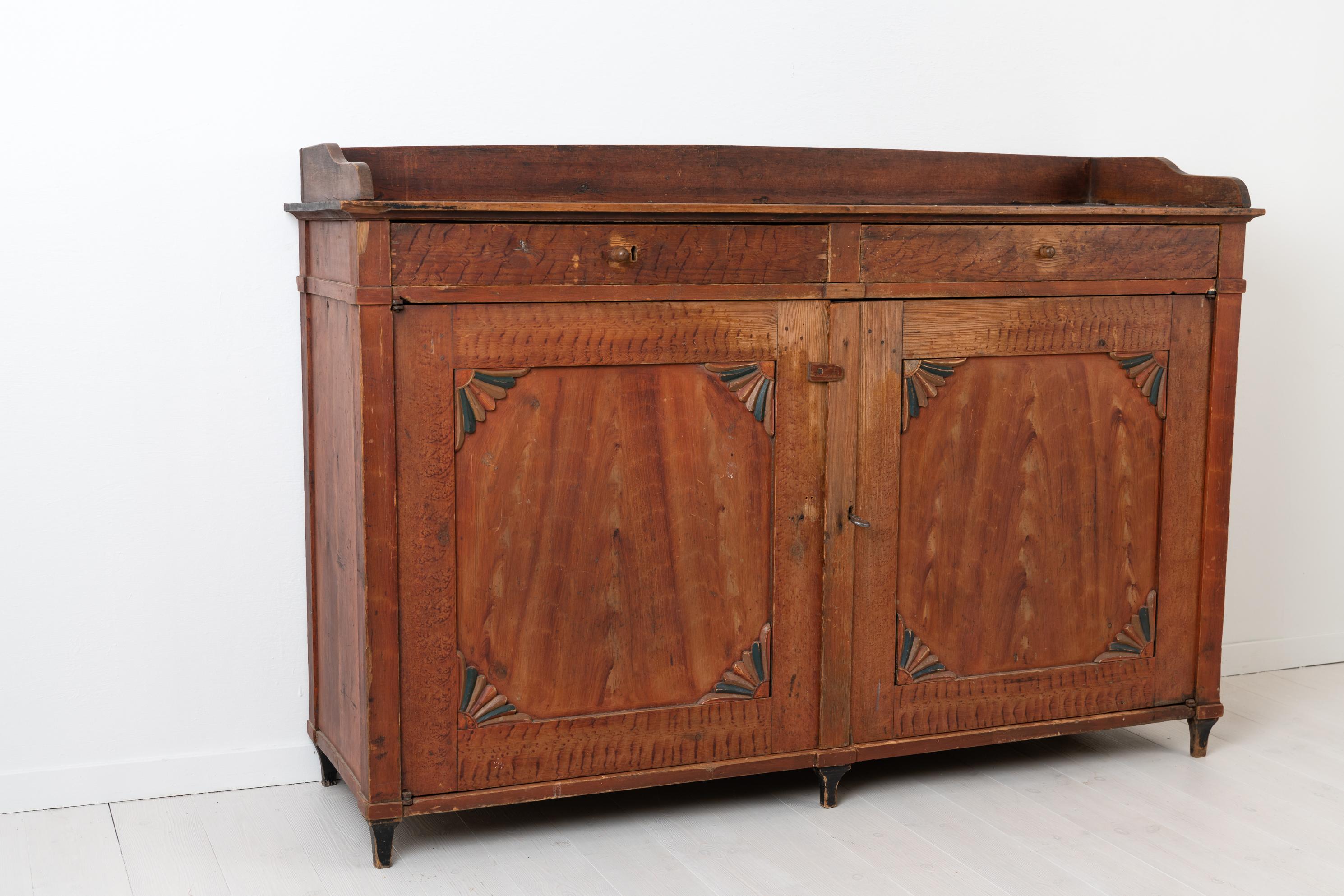 Pine Low and Wide Red Swedish Gustavian Sideboard For Sale
