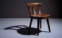 Low Antique Farmers Chair with Carved Seat in Oak France, 1900
