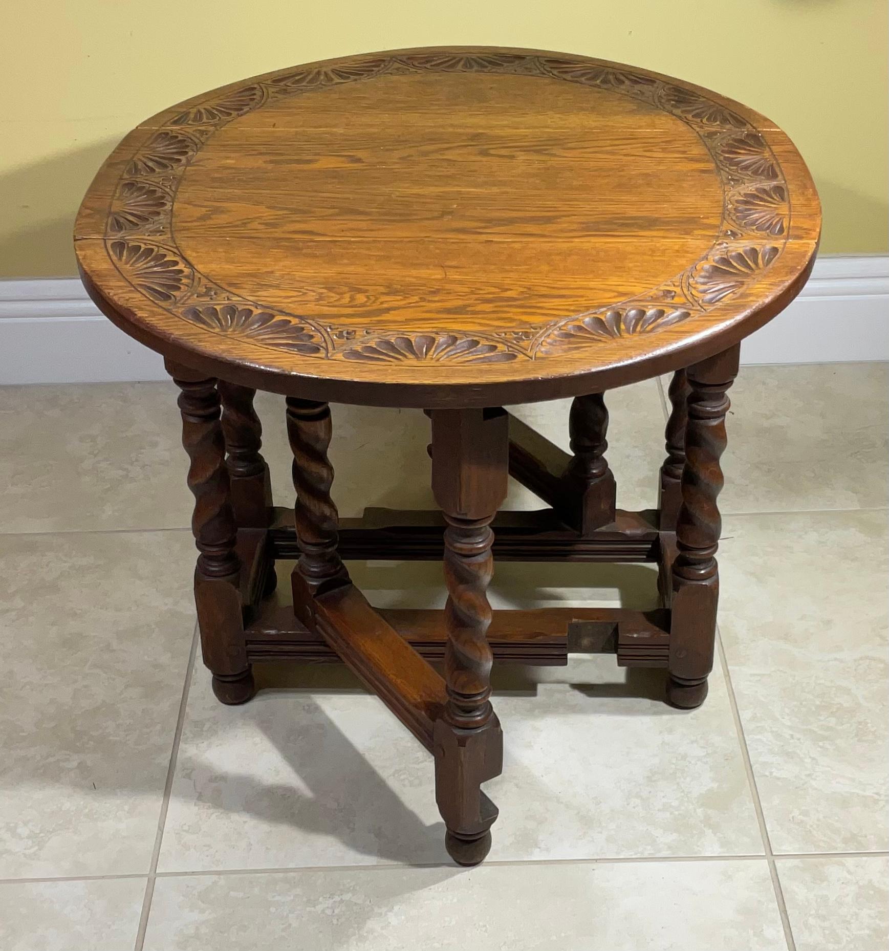 Rustic Low Antique Oak Drop Leaf Side Table or Coffee Table For Sale