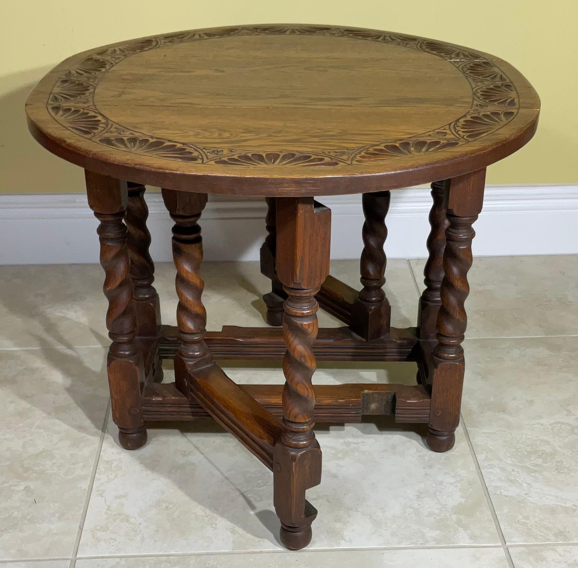 Hand-Carved Low Antique Oak Drop Leaf Side Table or Coffee Table For Sale