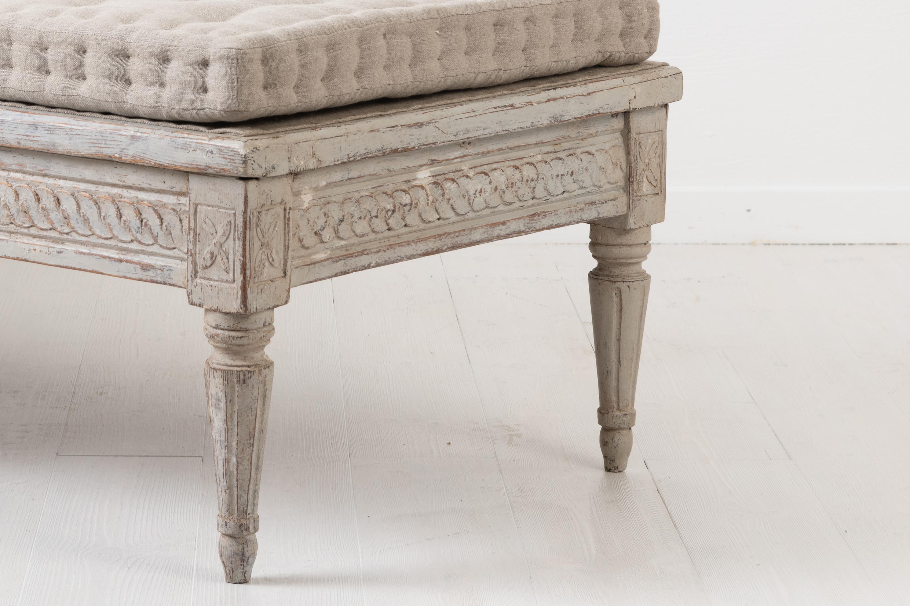 Low Antique Swedish Bench with White Distressed Paint 2
