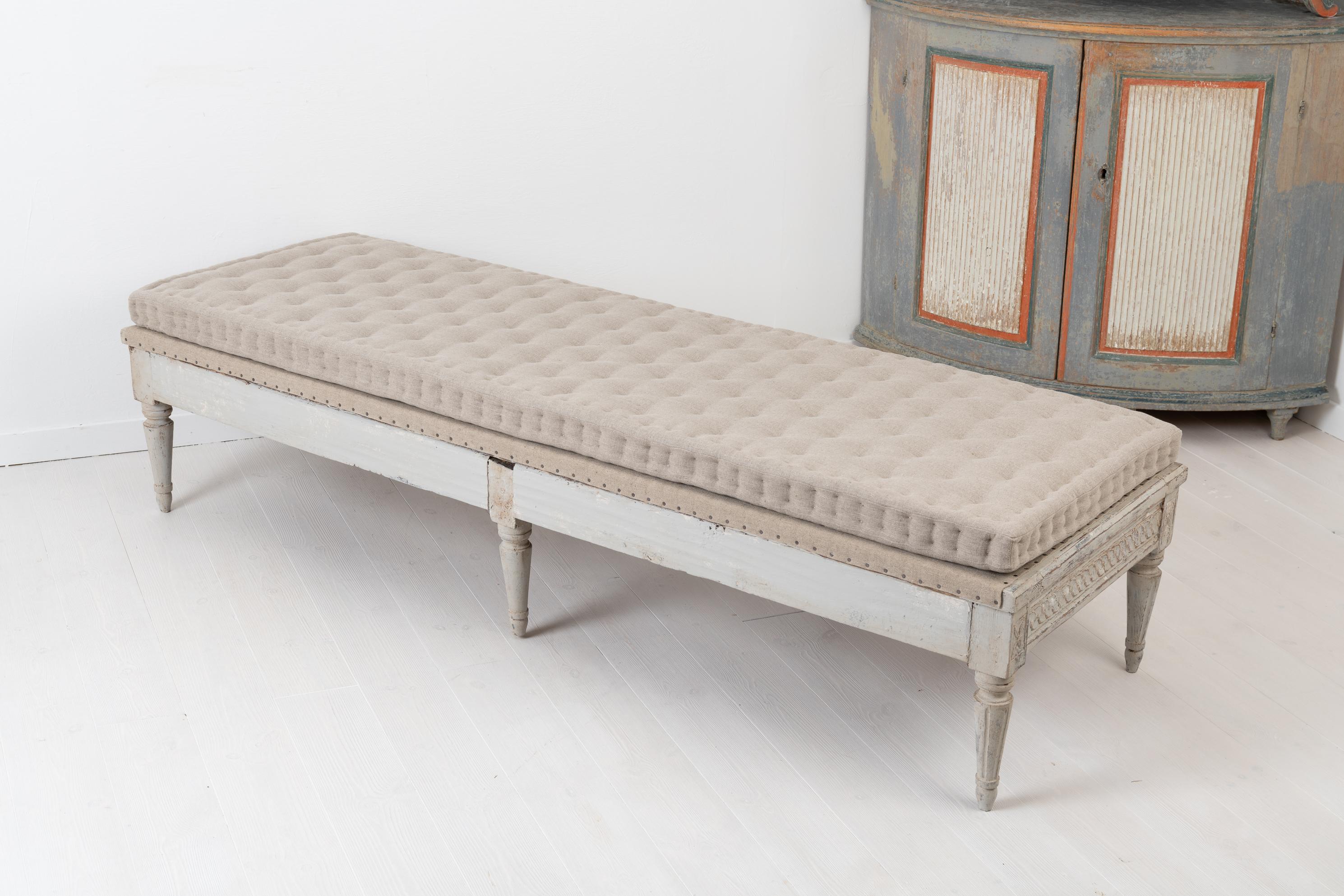 Low Antique Swedish Bench with White Distressed Paint 3