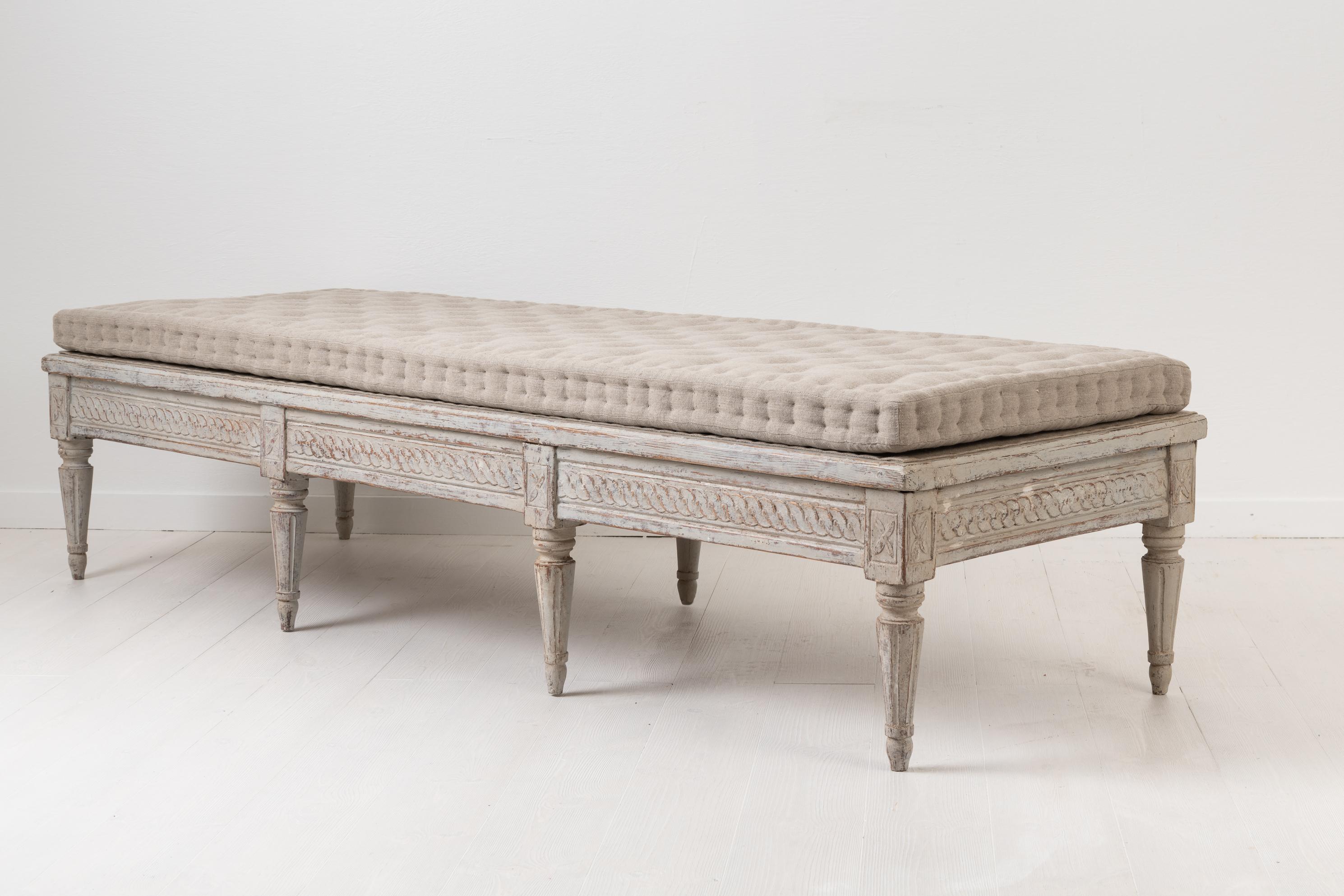 Gustavian Low Antique Swedish Bench with White Distressed Paint