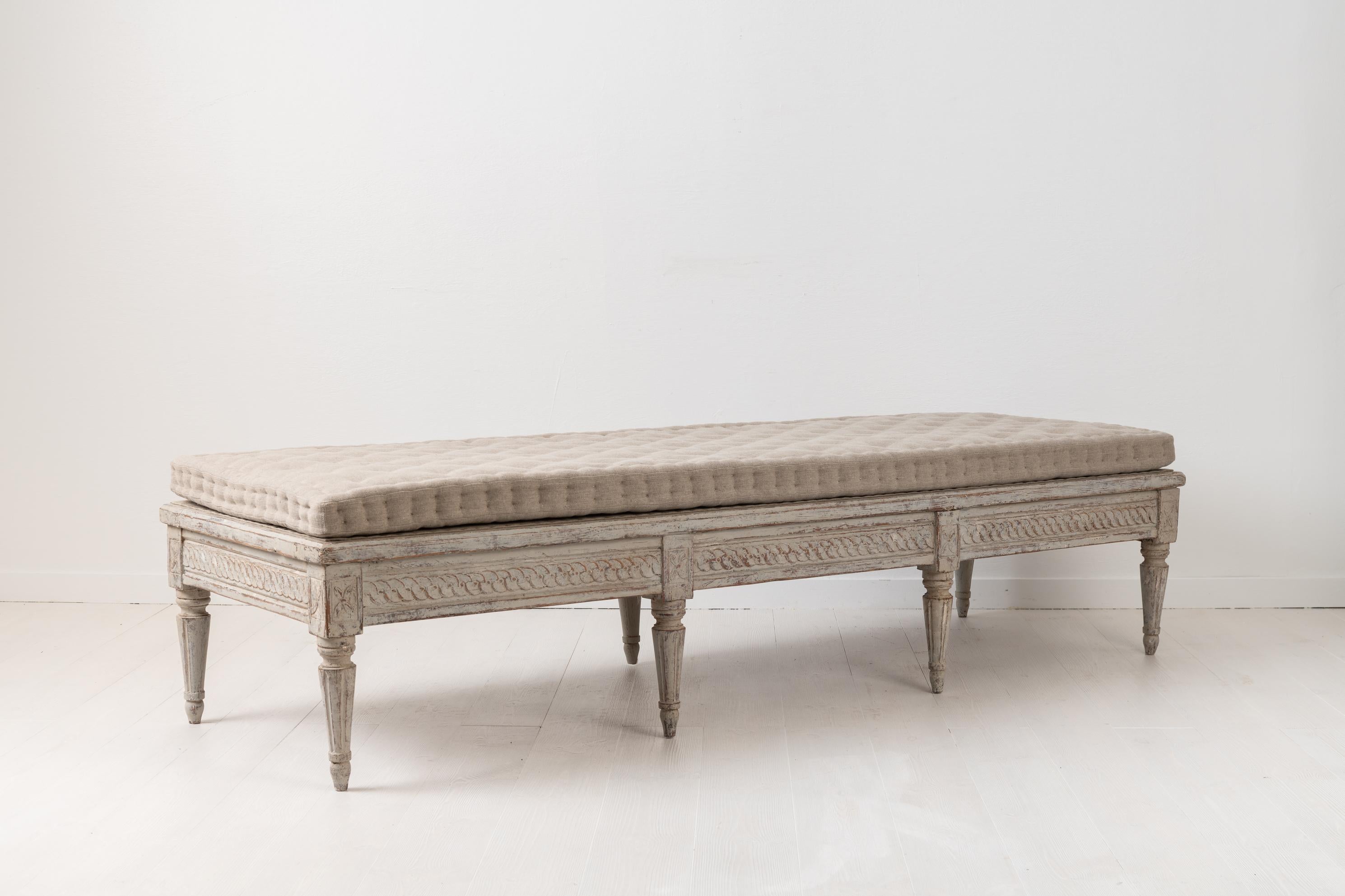 Hand-Crafted Low Antique Swedish Bench with White Distressed Paint