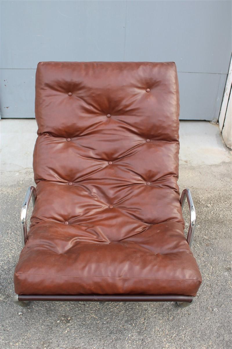 Low armchair minimal Italian design cromed metal faux leather, 1970s.