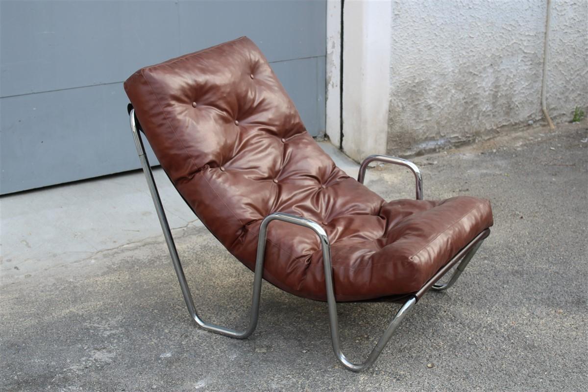 Mid-Century Modern Low Armchair Minimal Italian Design Cromed Metal Faux Leather, 1970s For Sale