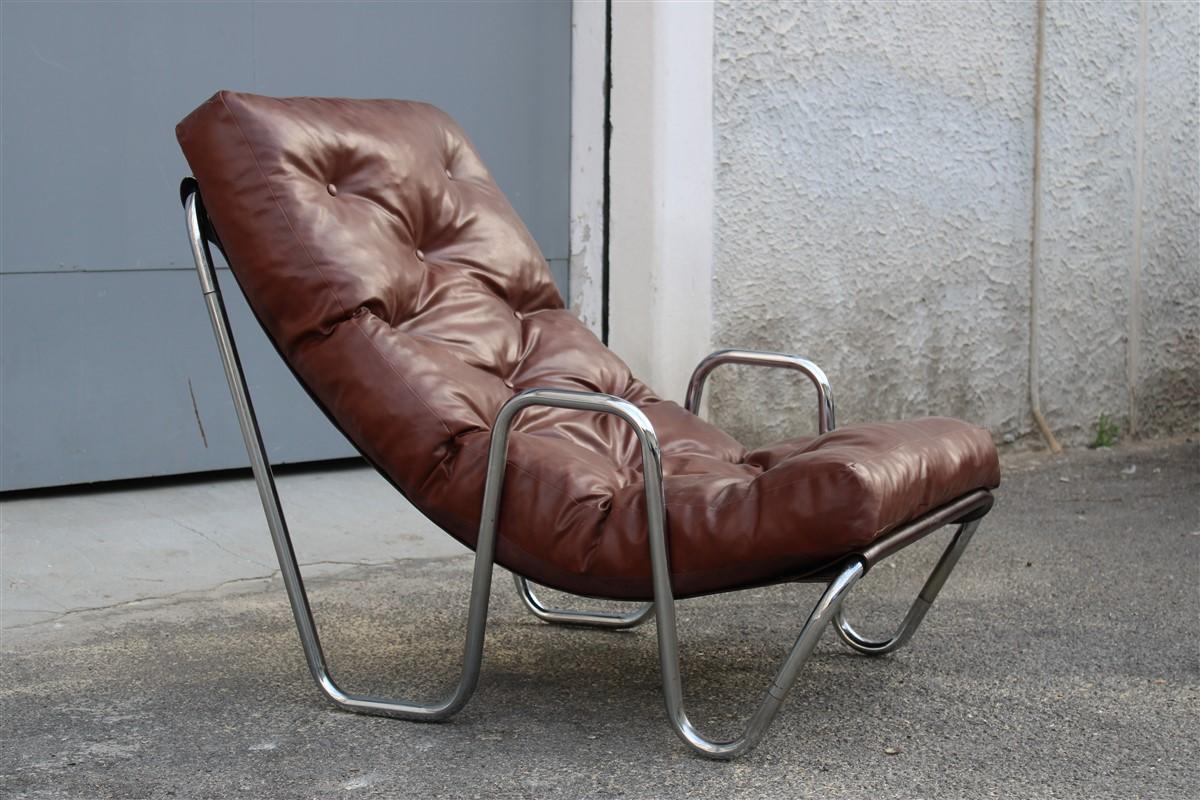 European Low Armchair Minimal Italian Design Cromed Metal Faux Leather, 1970s For Sale