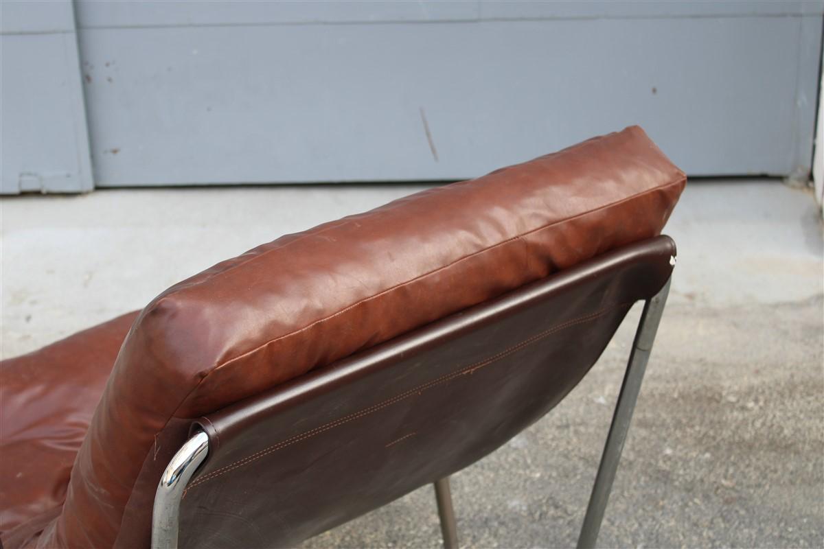 Late 20th Century Low Armchair Minimal Italian Design Cromed Metal Faux Leather, 1970s For Sale