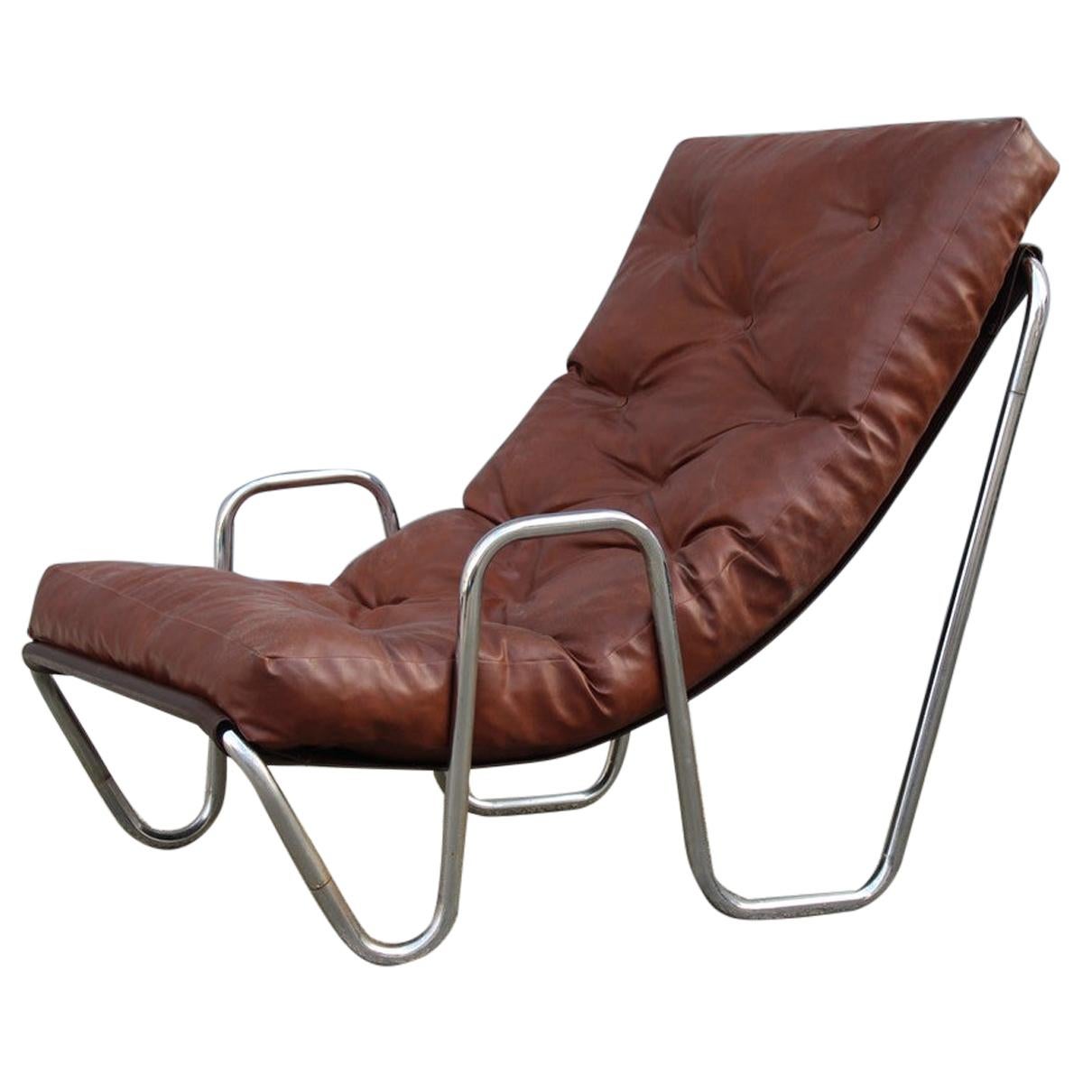 Low Armchair Minimal Italian Design Cromed Metal Faux Leather, 1970s For Sale