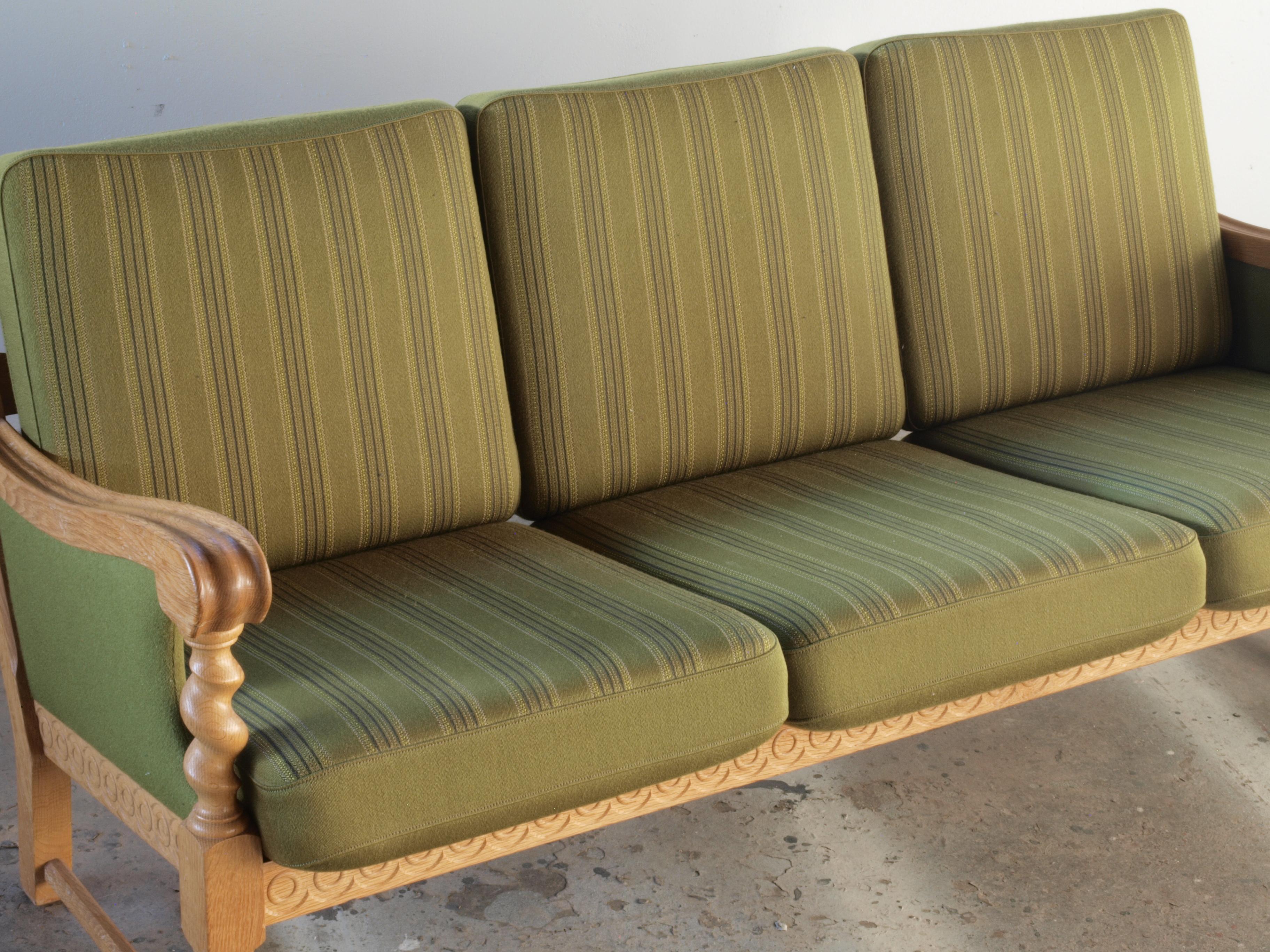 Fabric Low Back 3-Seater Sofa in Oak attributed to Henning Kjærnulf, 1960s For Sale