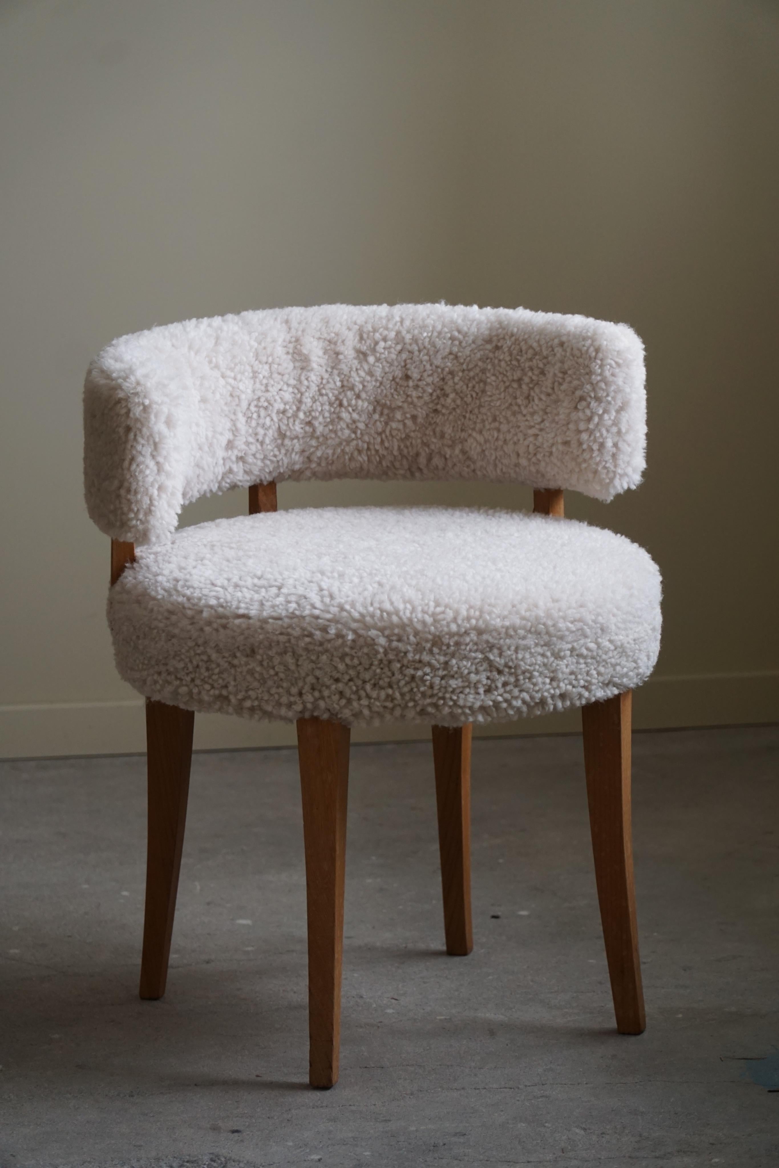 Lambskin Low Back Chair in Oak & Reupholstered in Lambswool, Danish Mid Century, 1950s