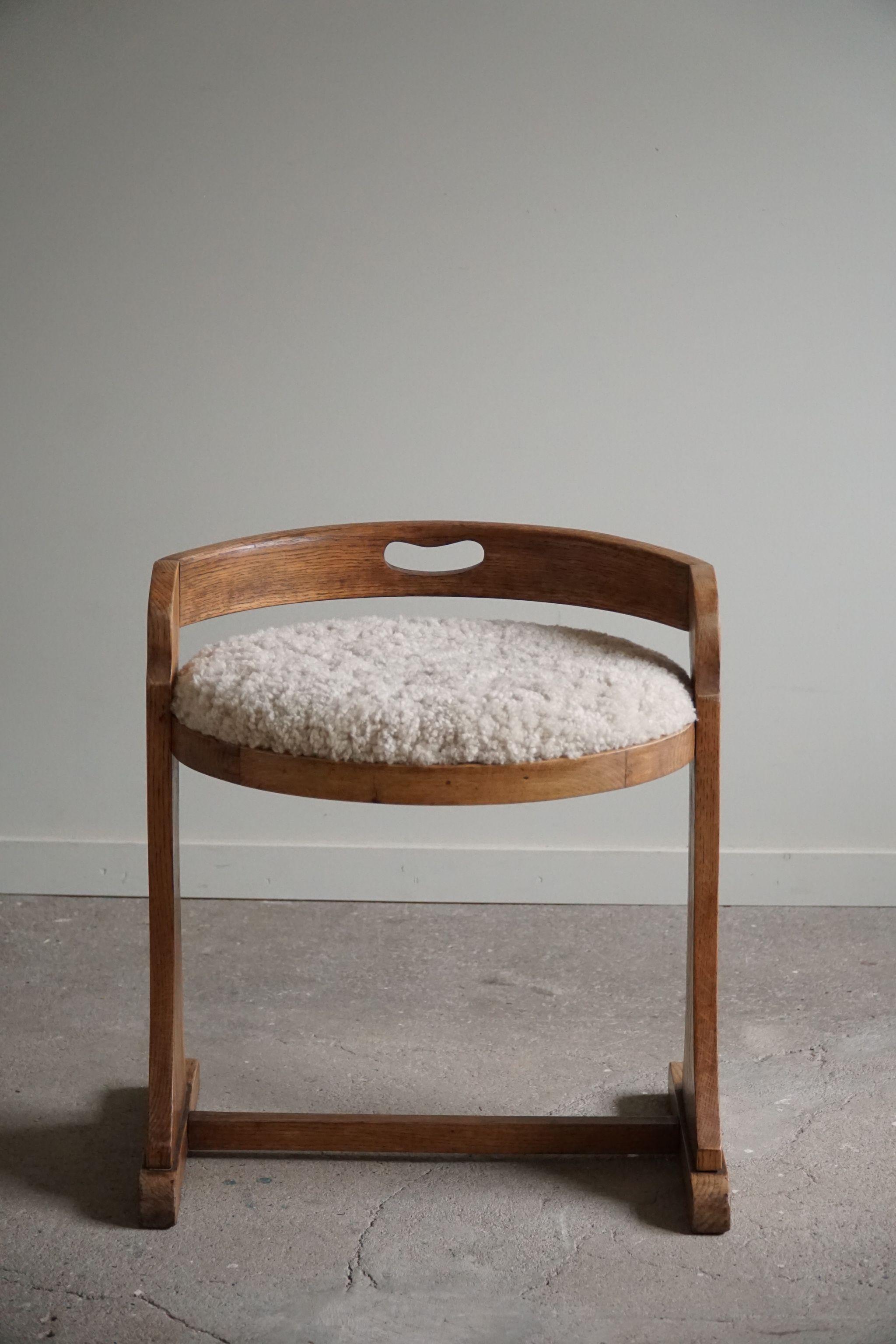 Lambskin Low Back Chair in Oak & Reupholstered in Lambswool, Danish Mid Century, 1950s For Sale