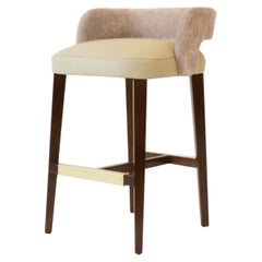 Low Back Upholstered Bar or Counter Stool with Stained Wood Legs and Metal Kick